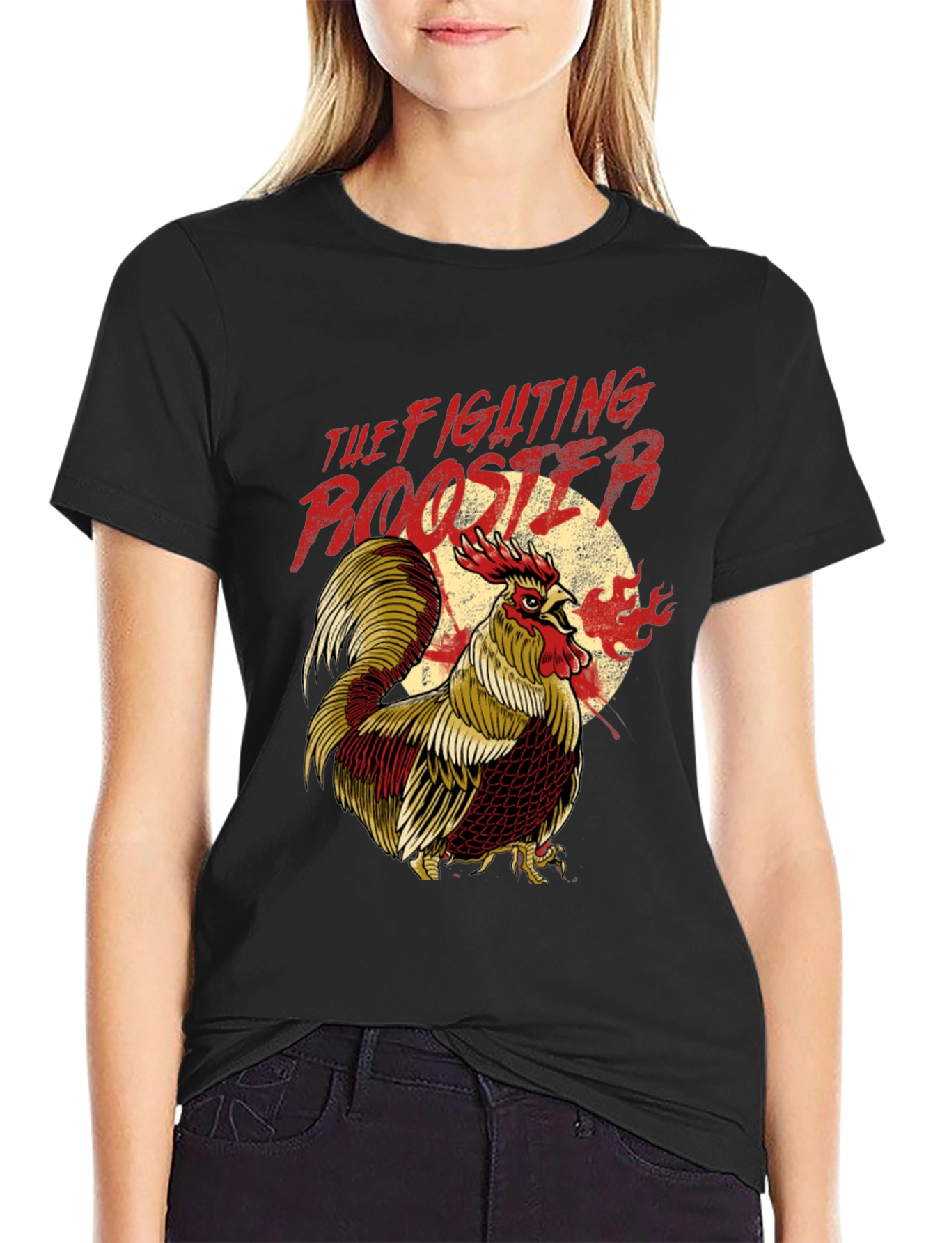 Fighting Rooster Graphic Print Black T-Shirt