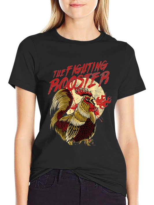 Fighting Rooster Graphic Print Black T-Shirt