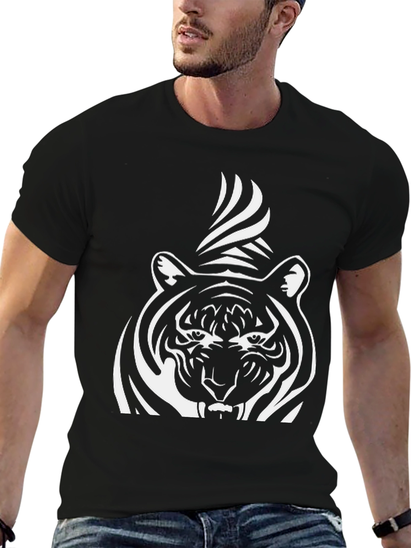Striking Tiger Graphic Tee - Bold Black Cotton Shirt