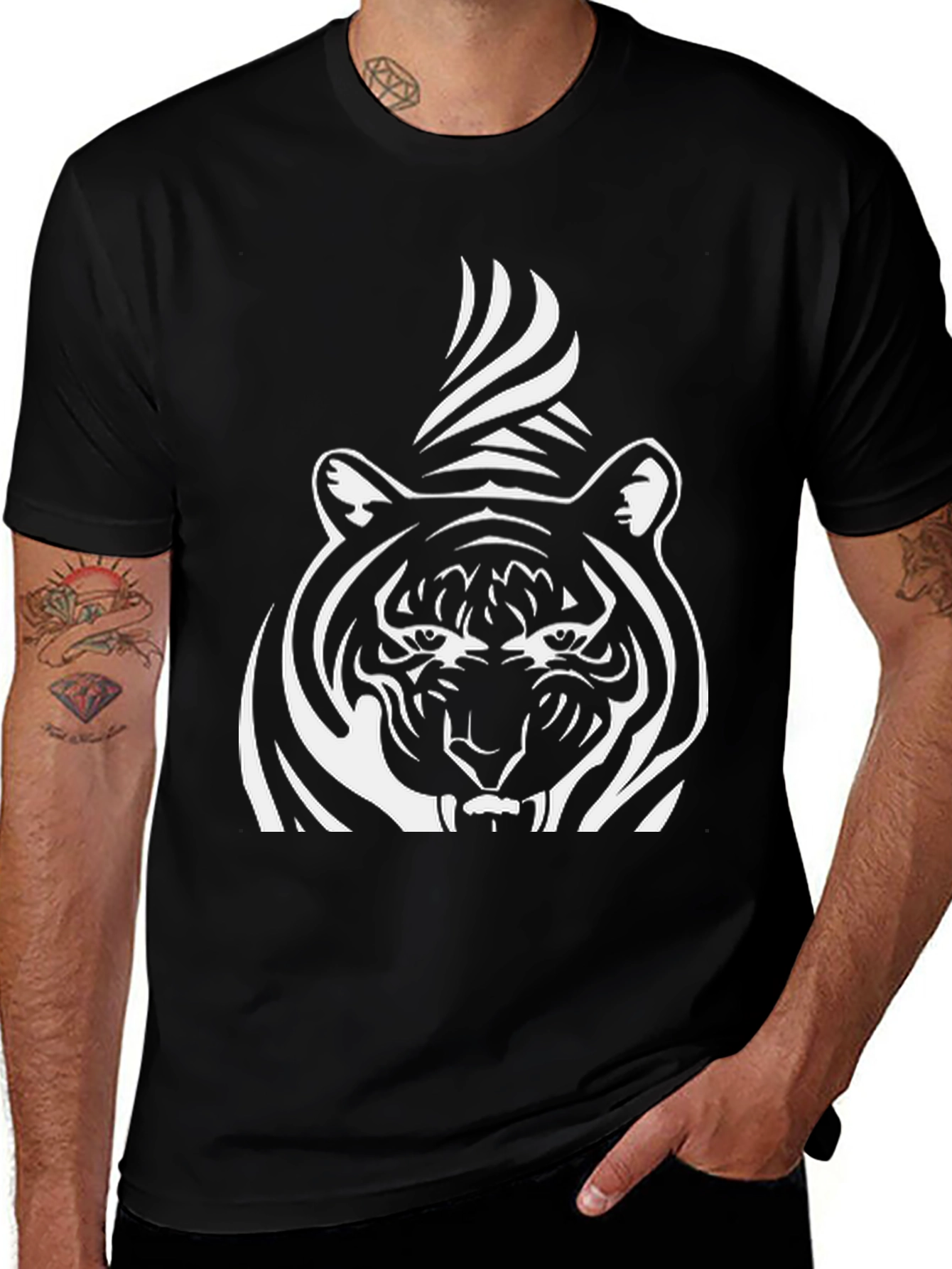 Striking Tiger Graphic Tee - Bold Black Cotton Shirt