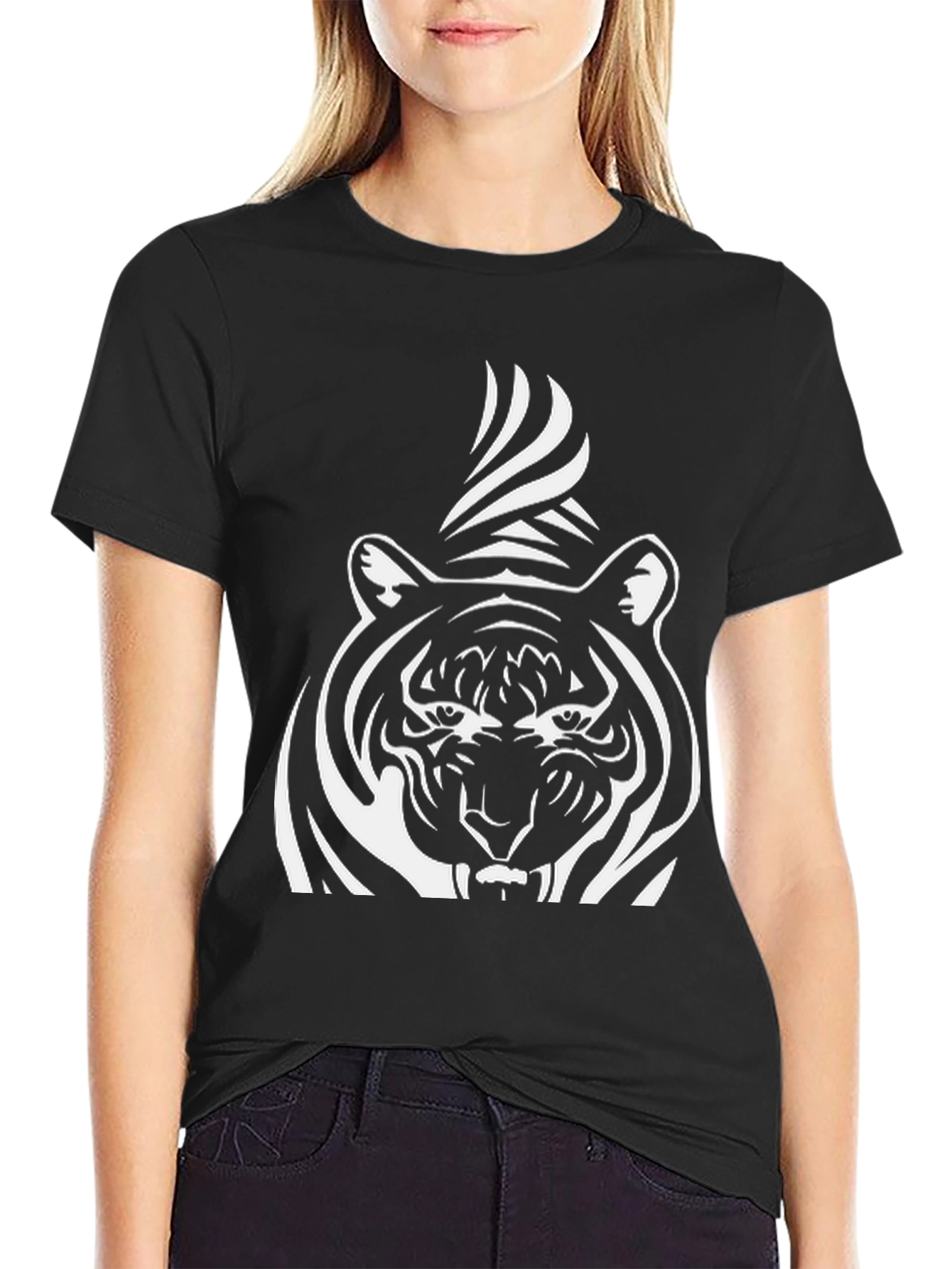 Striking Tiger Graphic Tee - Bold Black Cotton Shirt