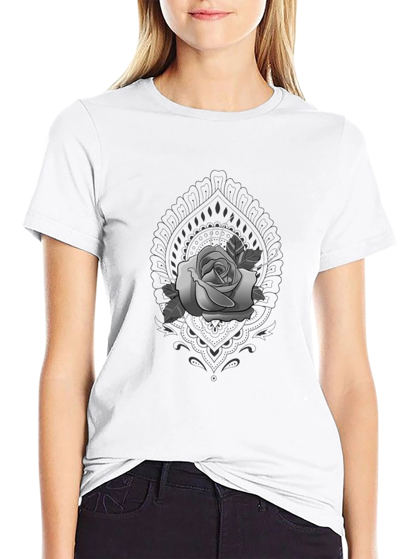 Rose Mandala Graphic Tee - Stylish Black T-Shirt