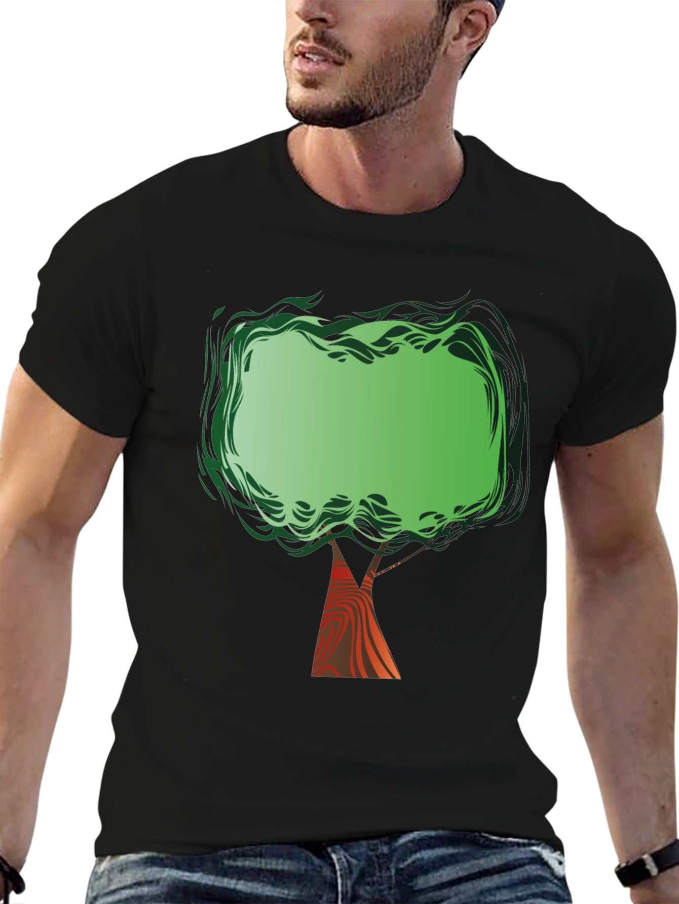 Green Tree Graphic Print Black T-Shirt