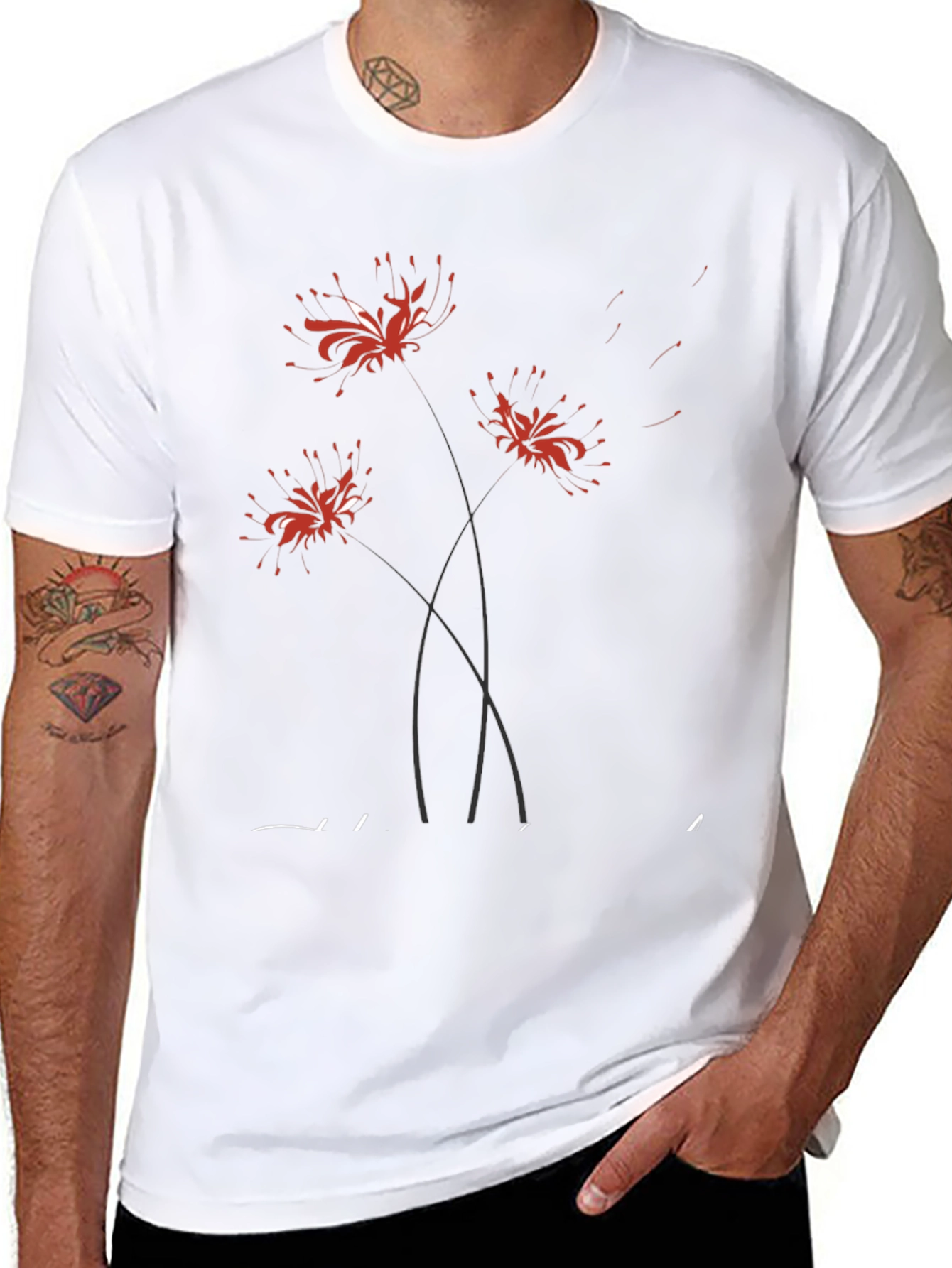 Black T-Shirt with Floral Spider Lily Design