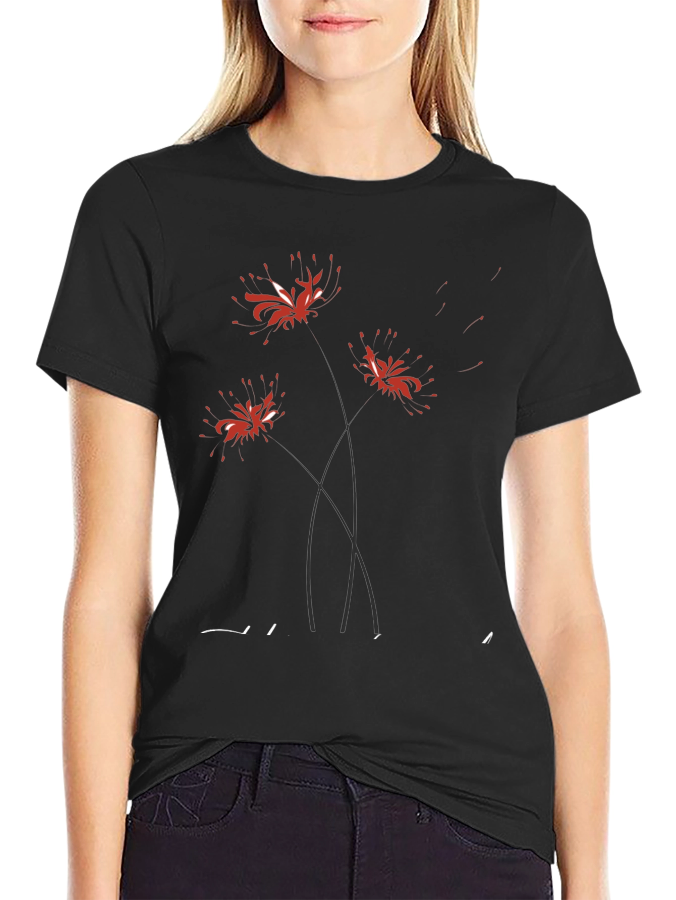 Black T-Shirt with Floral Spider Lily Design
