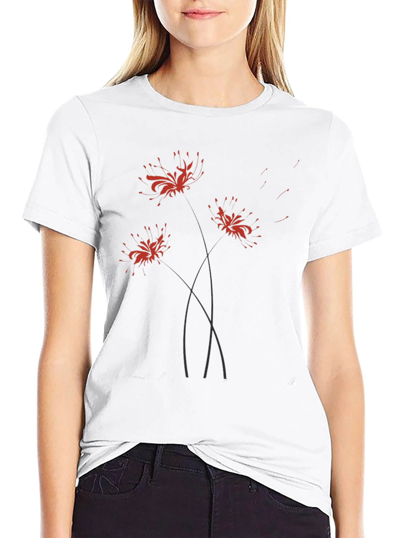 Black T-Shirt with Floral Spider Lily Design