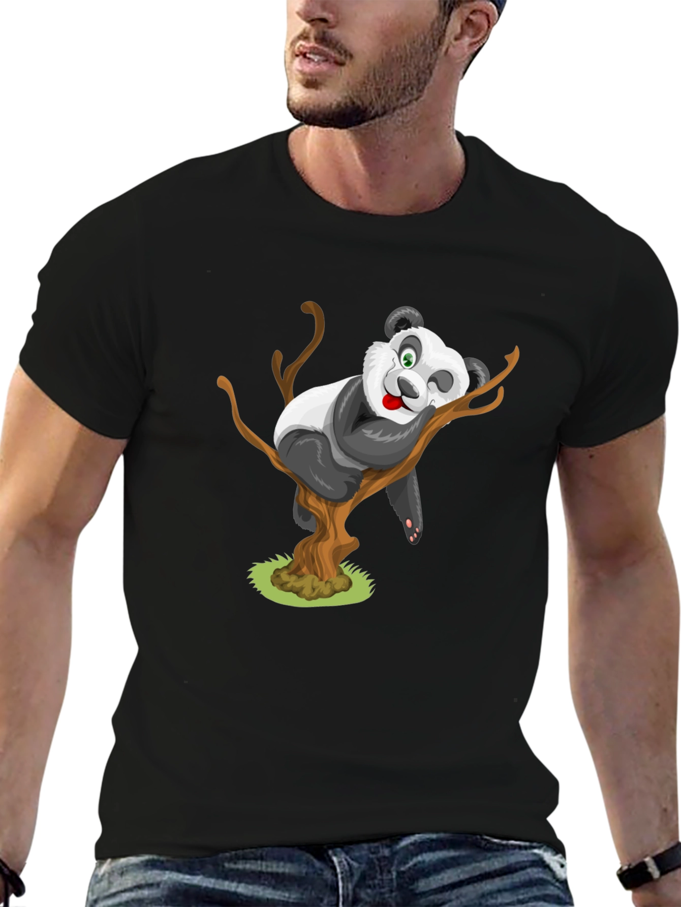Cute Panda Cartoon Black T-Shirt