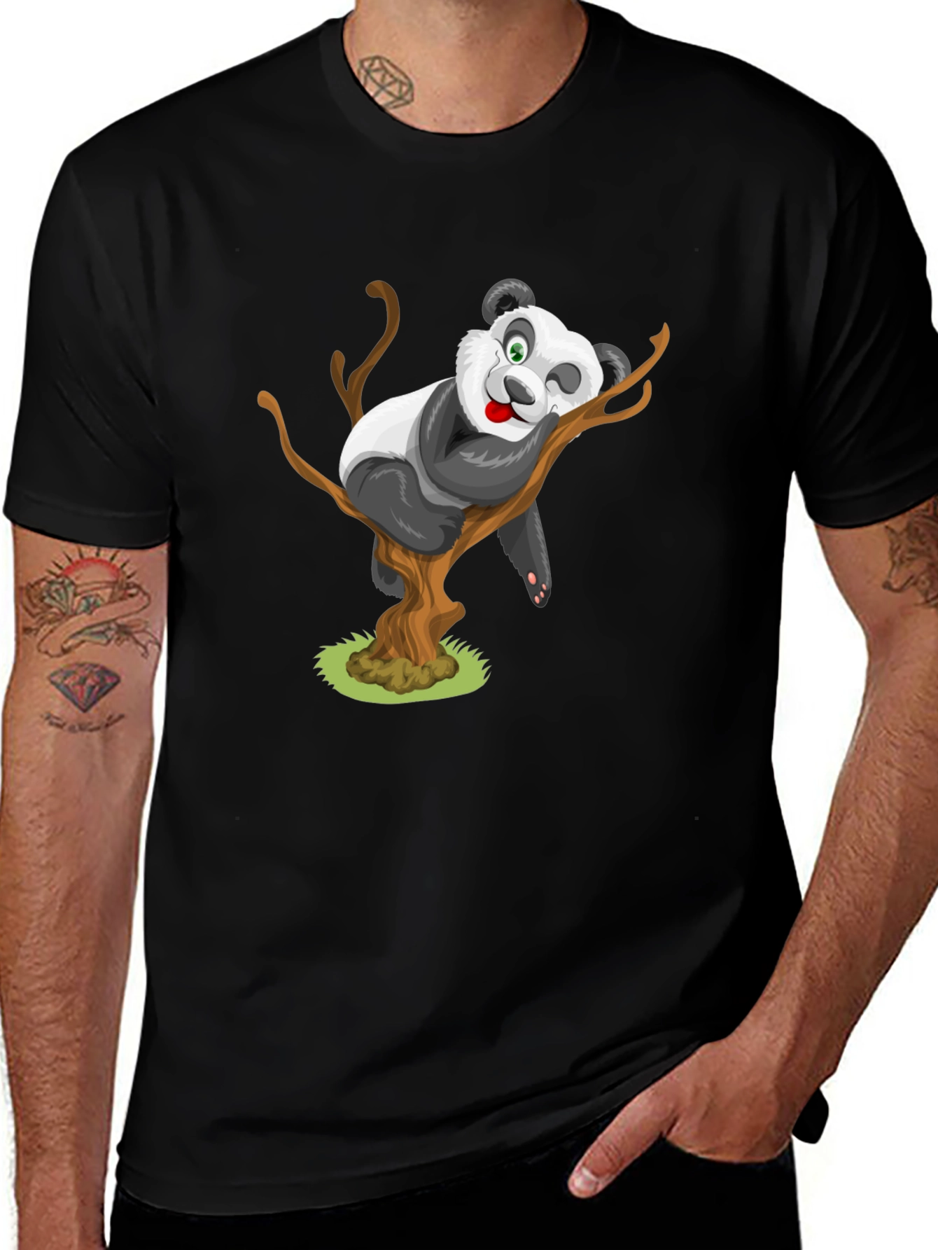 Cute Panda Cartoon Black T-Shirt