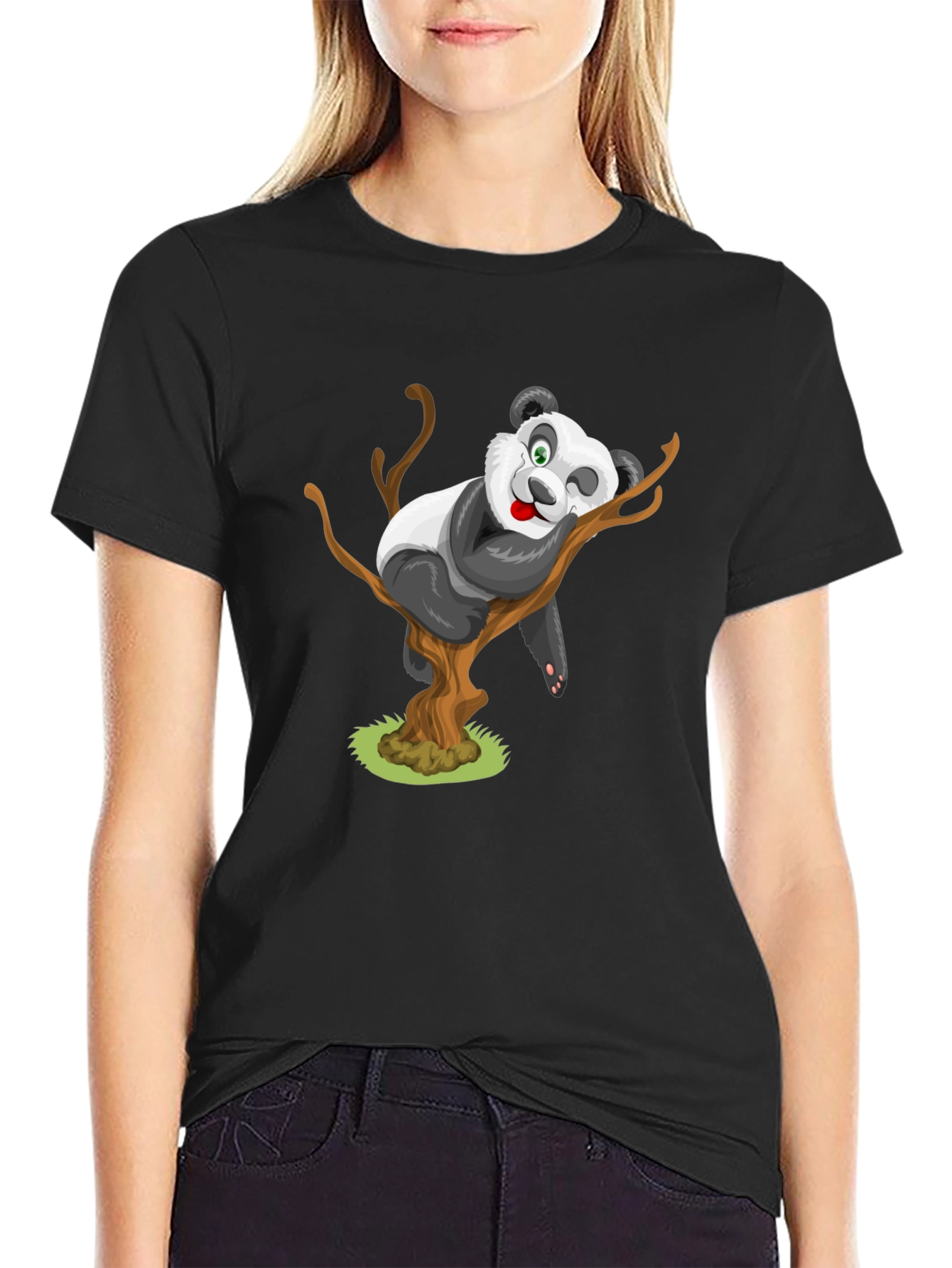 Cute Panda Cartoon Black T-Shirt