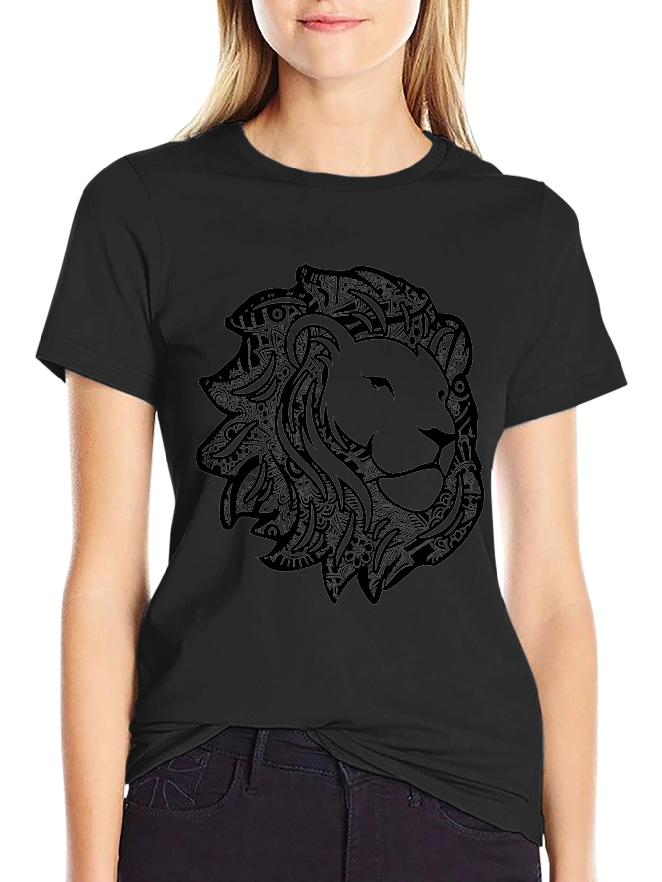 Lion Graphic Tee - Stylish Black Crew Neck T-Shirt