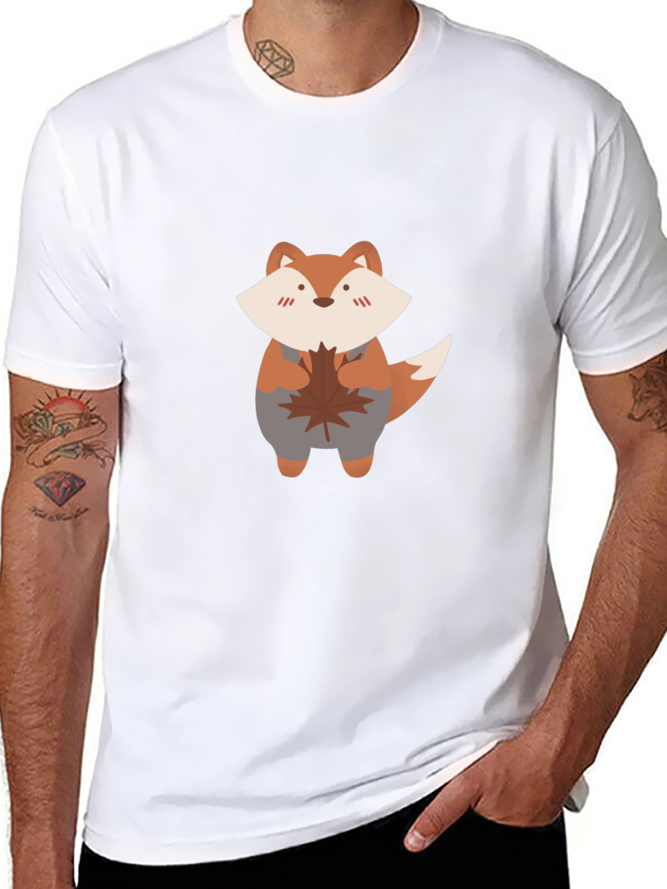 Cute Fox & Maple Leaf Black T-Shirt