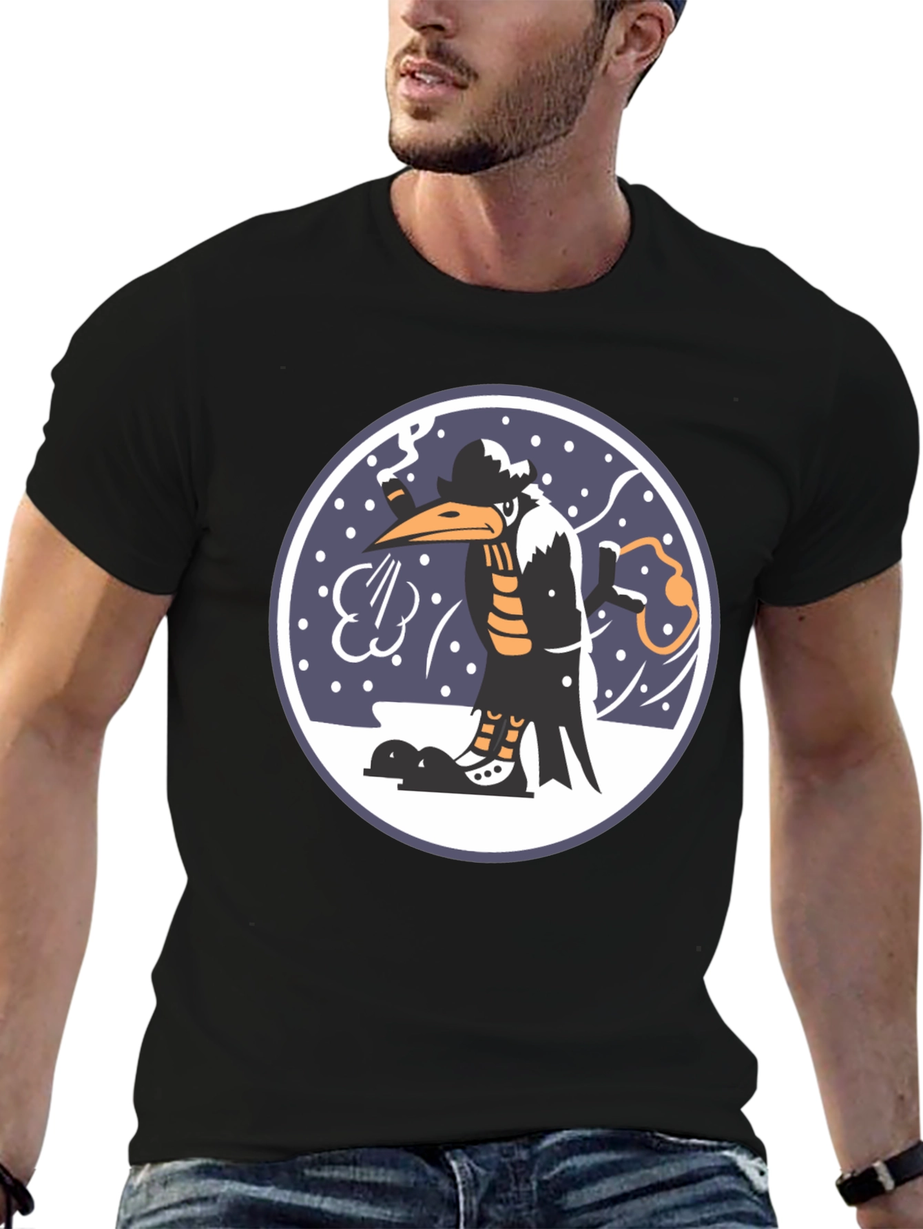 Cartoon Bird Print Black T-Shirt
