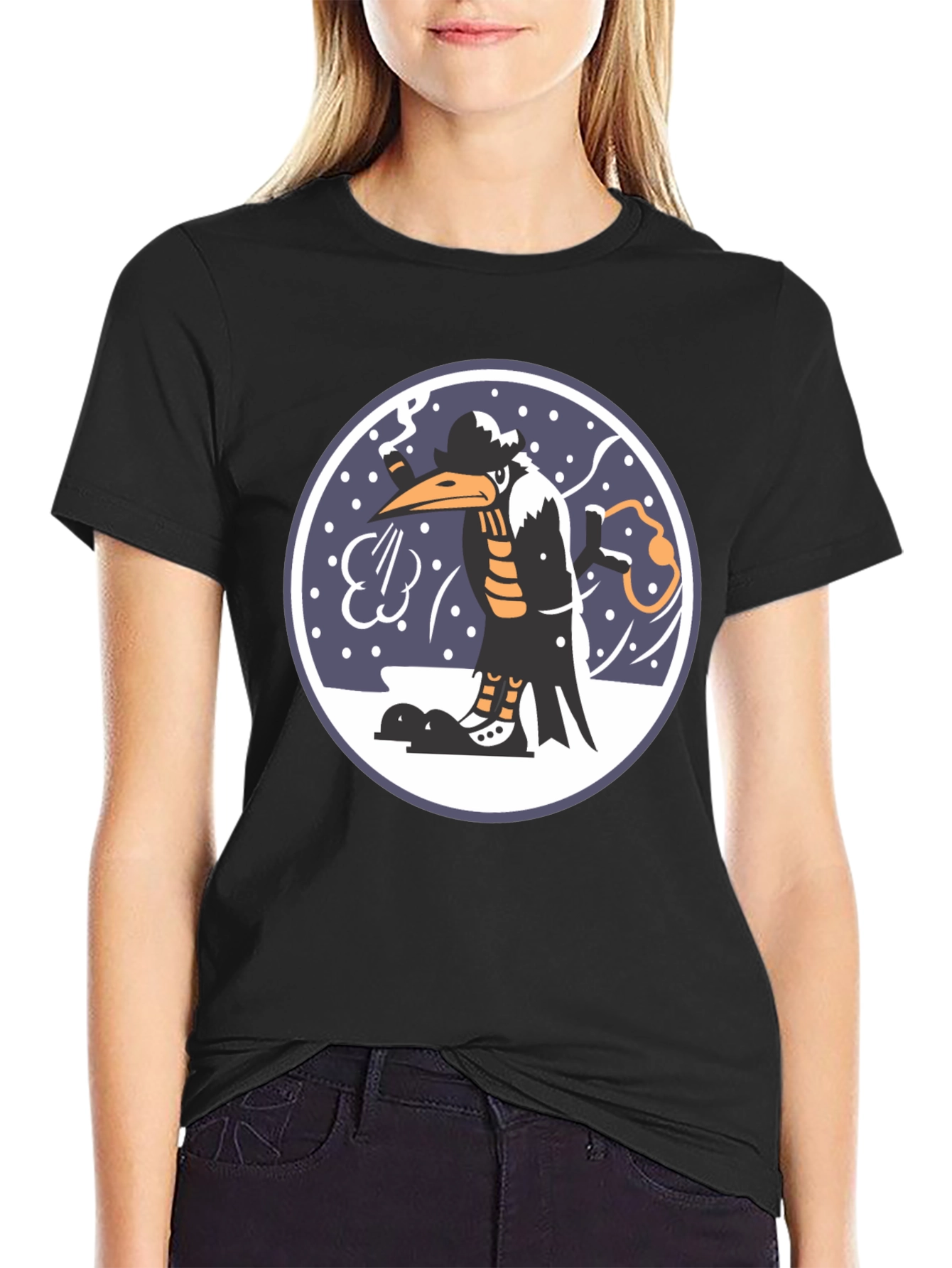 Cartoon Bird Print Black T-Shirt