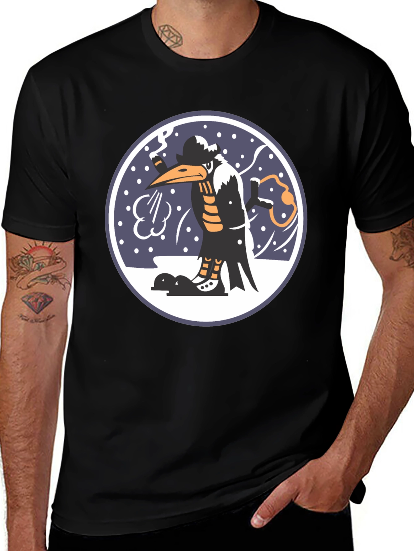 Cartoon Bird Print Black T-Shirt