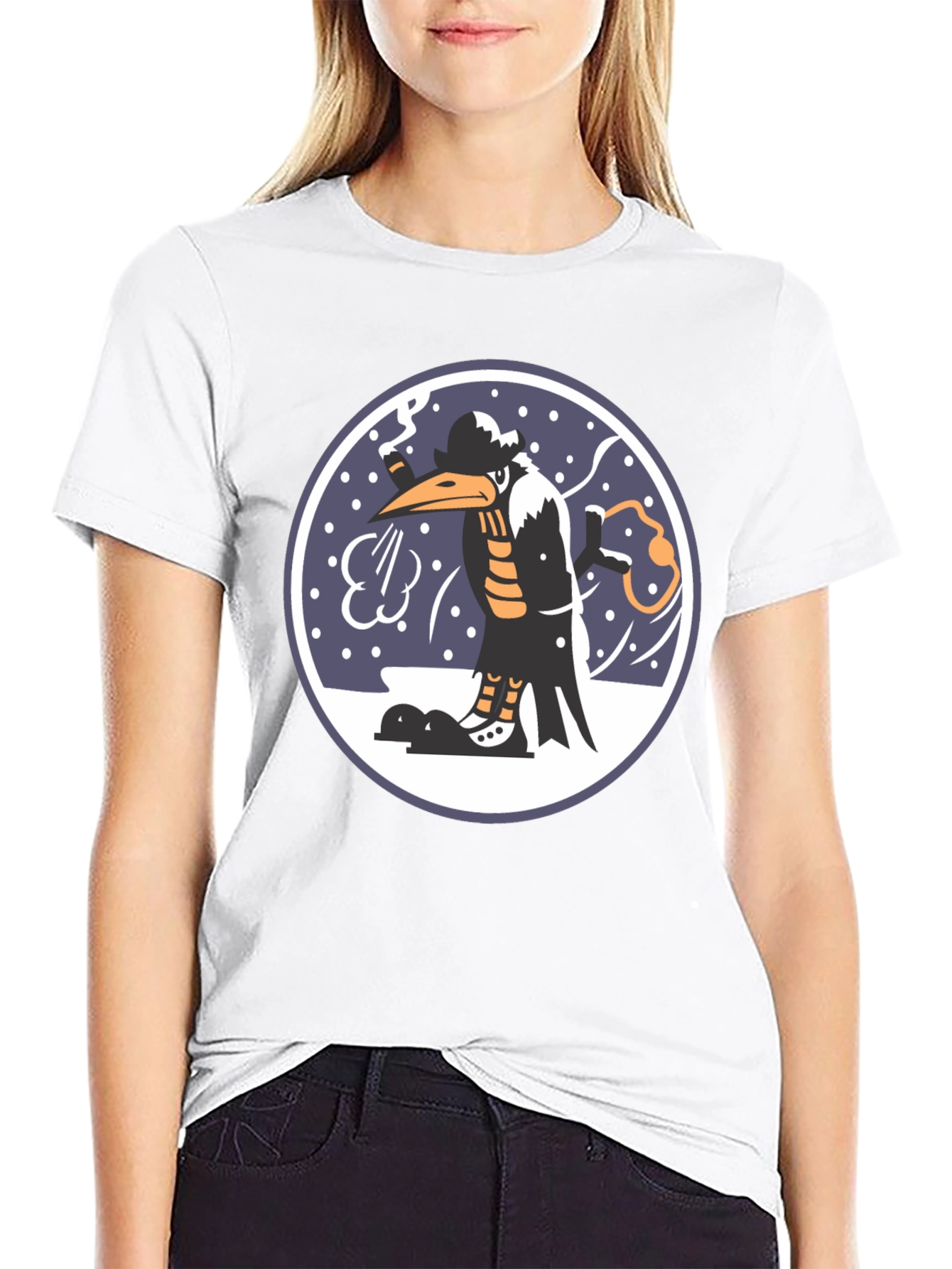 Cartoon Bird Print Black T-Shirt