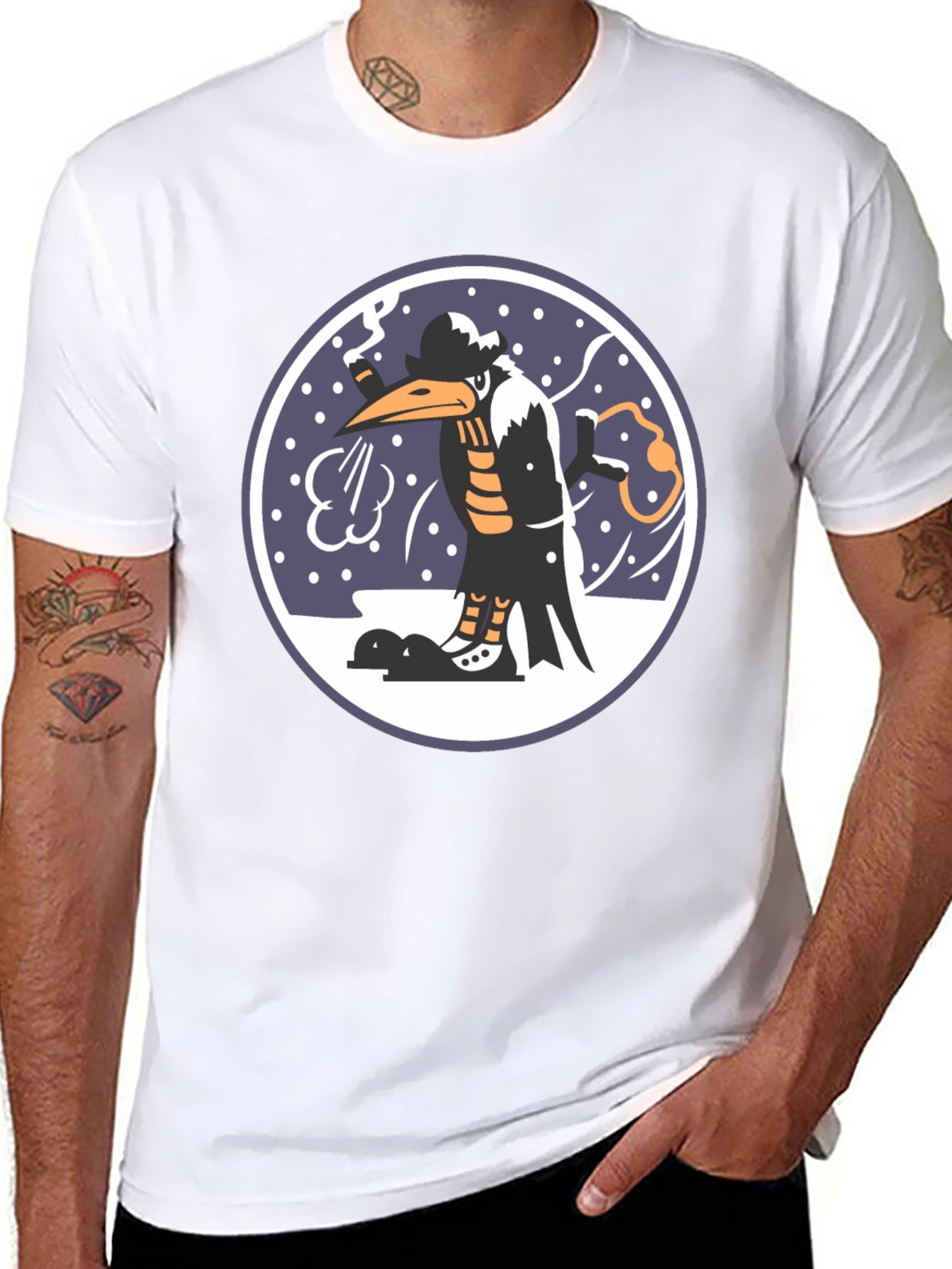 Cartoon Bird Print Black T-Shirt