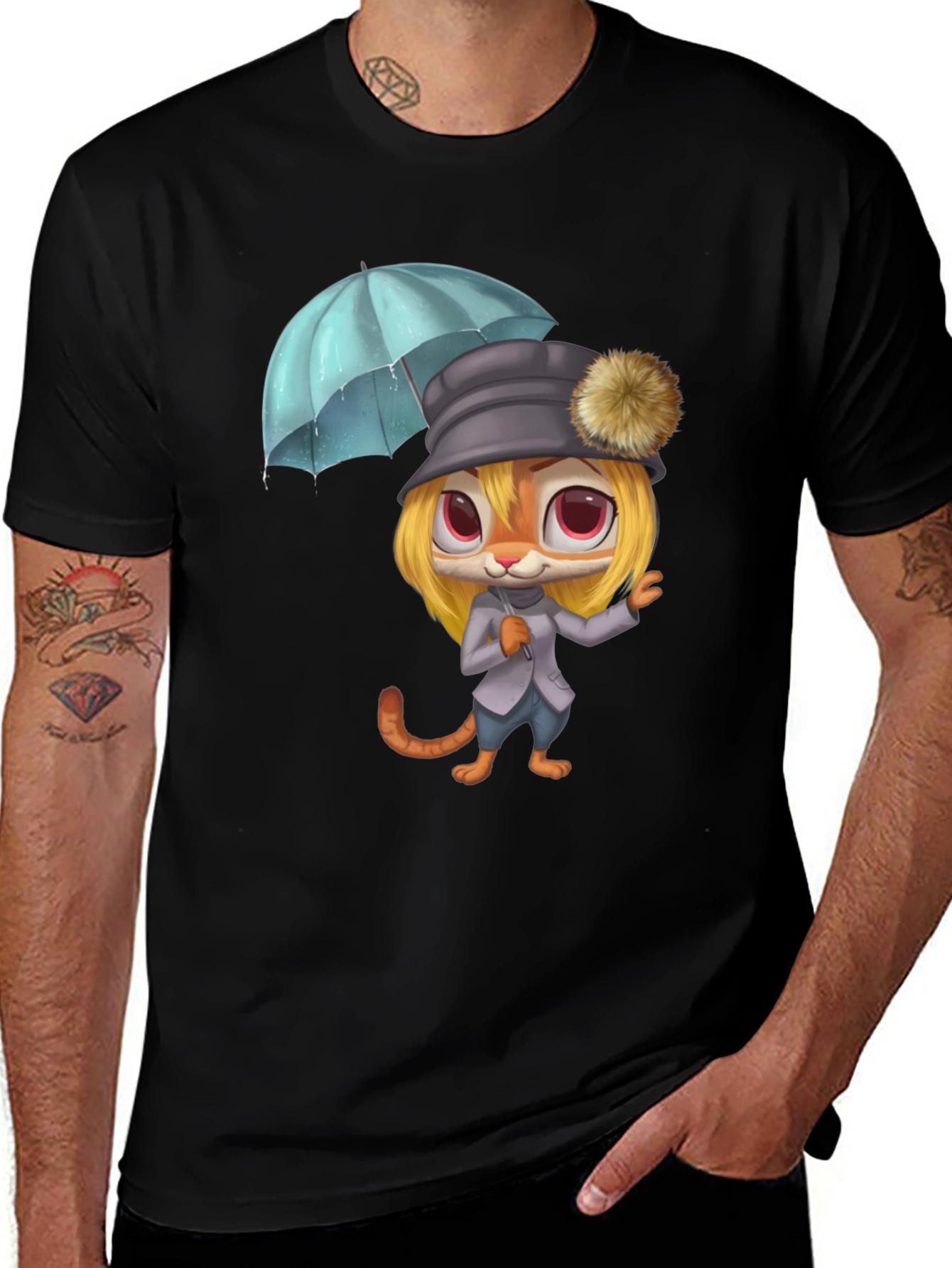 Cartoon Tiger with Umbrella Graphic Tee