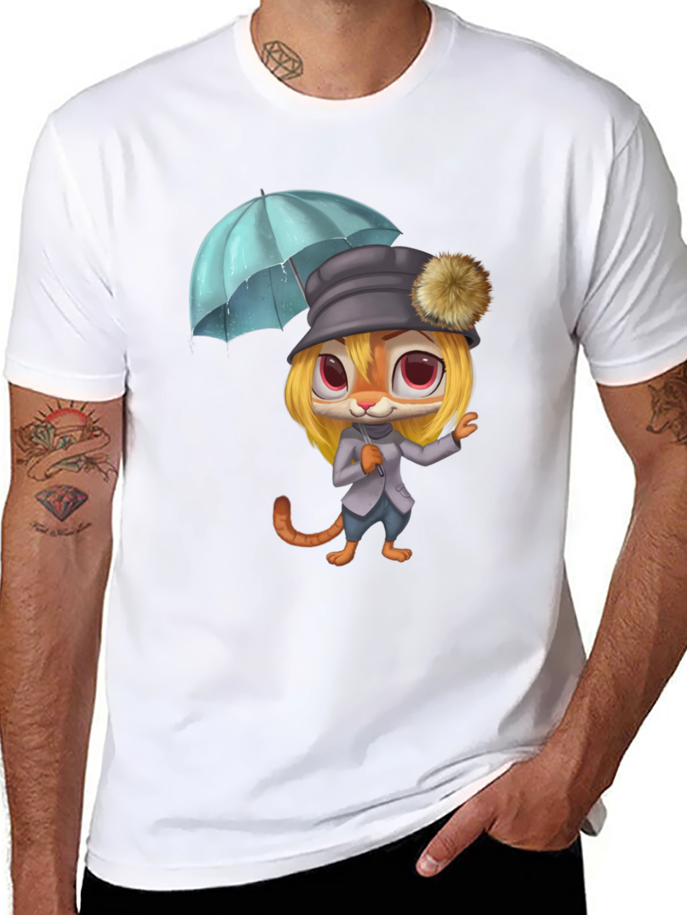 Cartoon Tiger with Umbrella Graphic Tee