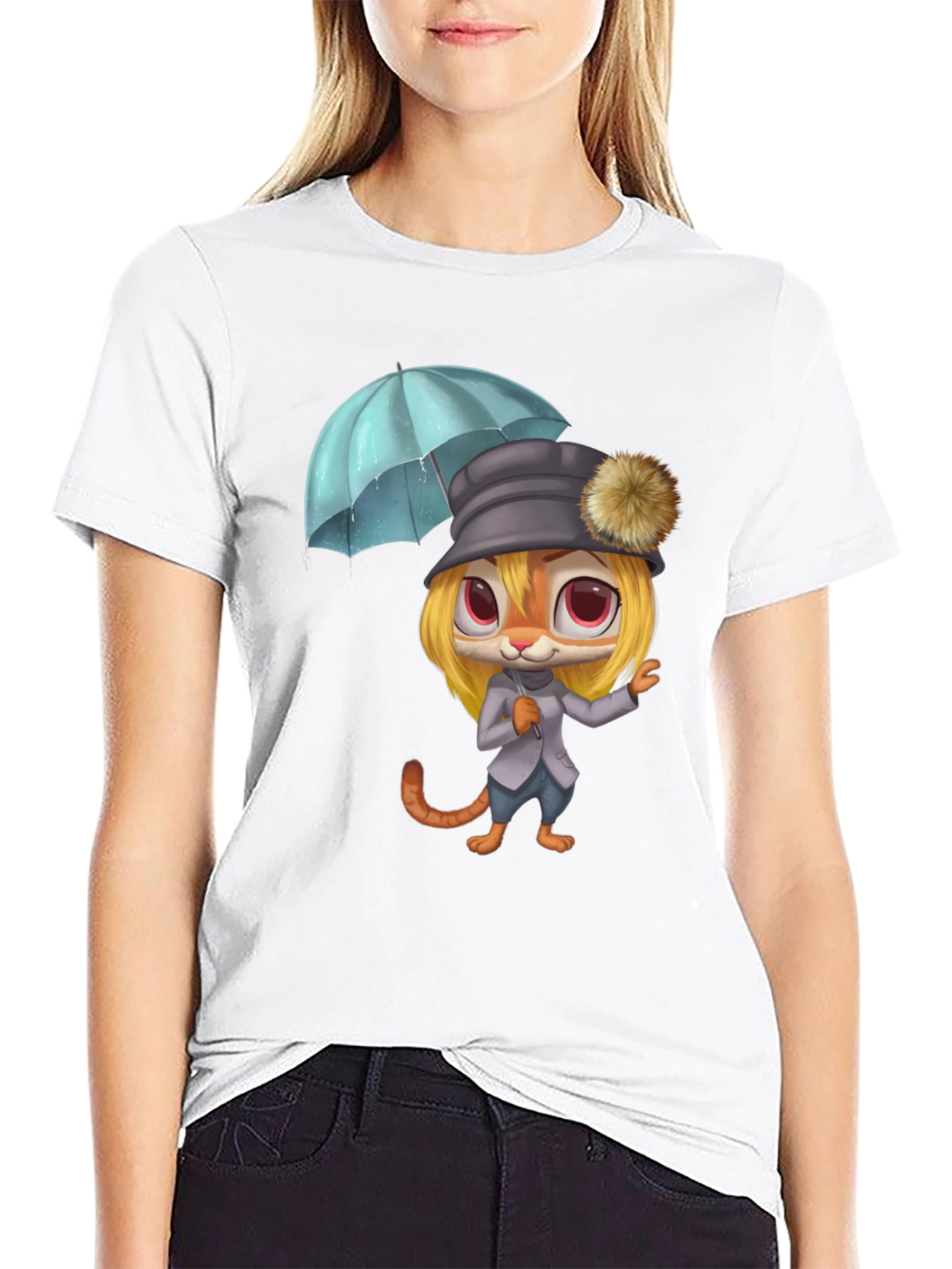 Cartoon Tiger with Umbrella Graphic Tee
