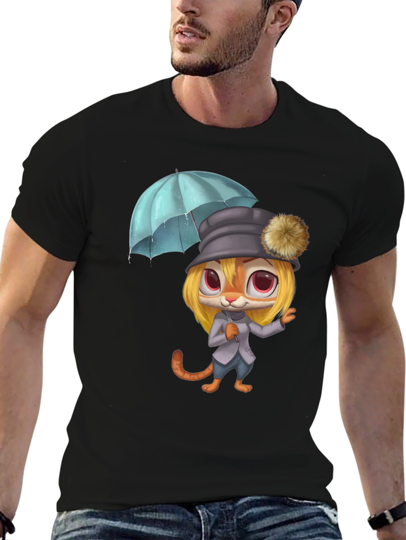 Cartoon Tiger with Umbrella Graphic Tee