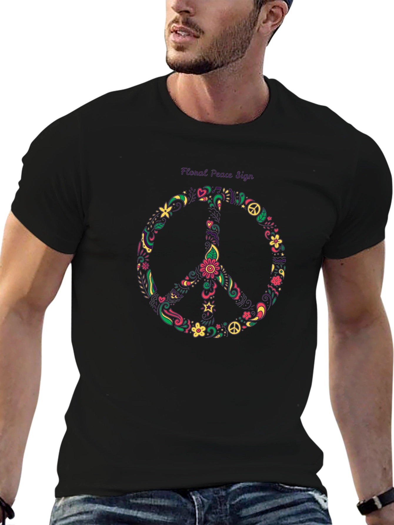 Floral Peace Sign Black T-Shirt