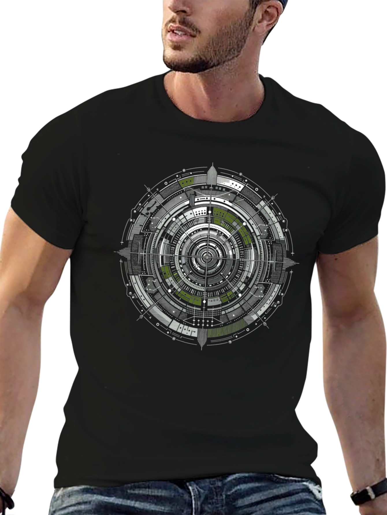 Geometric Tech Circle Graphic Black T-Shirt
