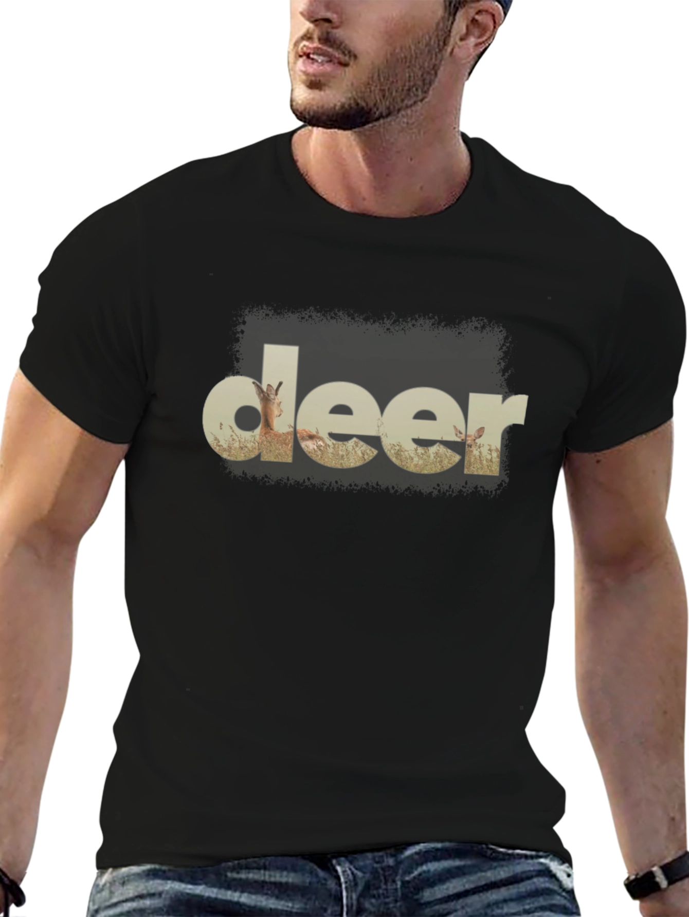 Deer Graphic Print Black T-Shirt
