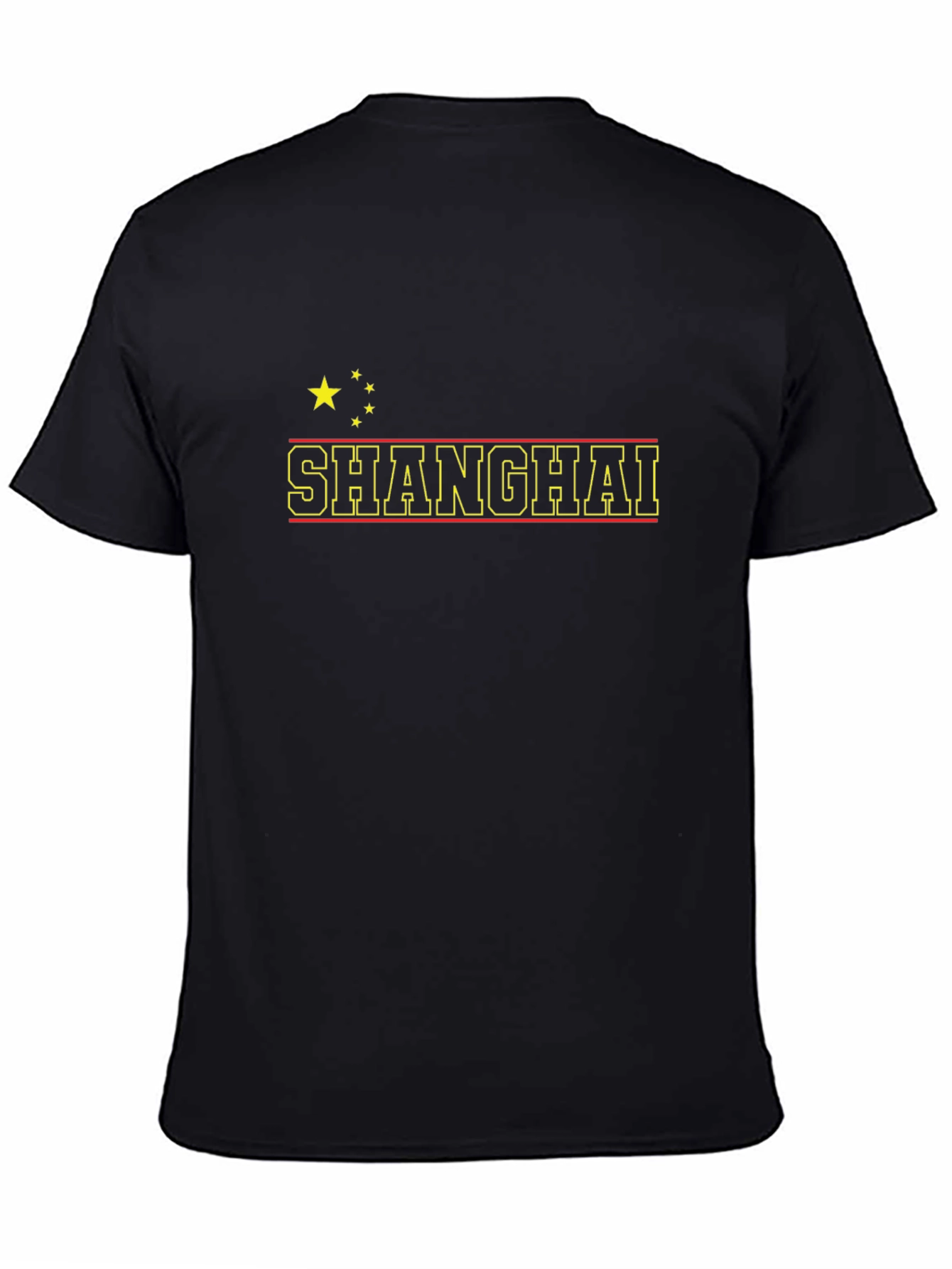 Shanghai City T-Shirt China Flag Stars Black Crew Neck