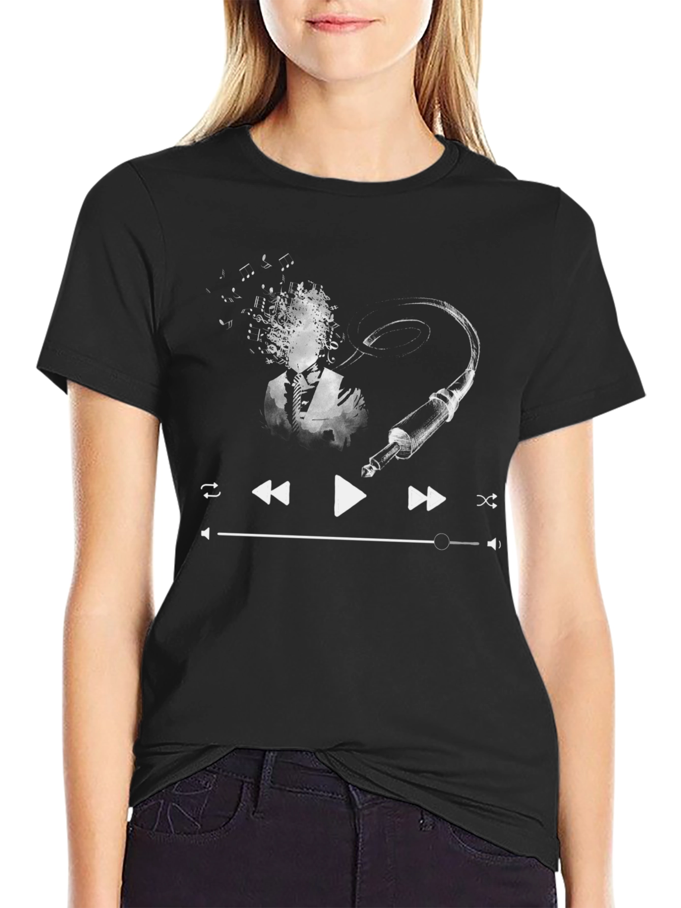 Music Player Graphic Tee - Black Cotton T-Shirt
