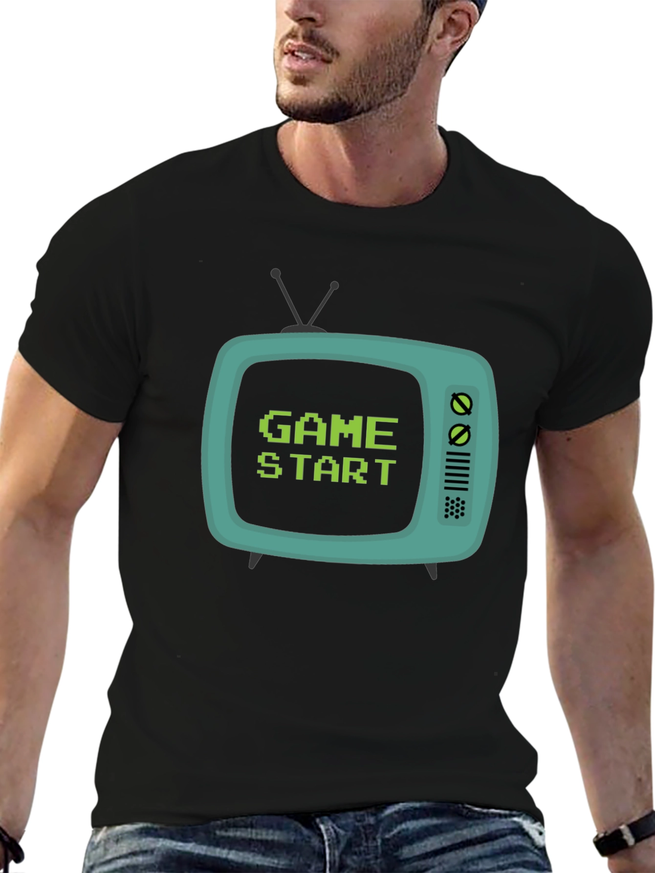 Retro Game Start Tee - Black Cotton Graphic T-Shirt