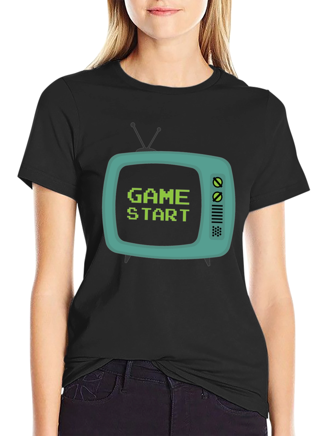Retro Game Start Tee - Black Cotton Graphic T-Shirt