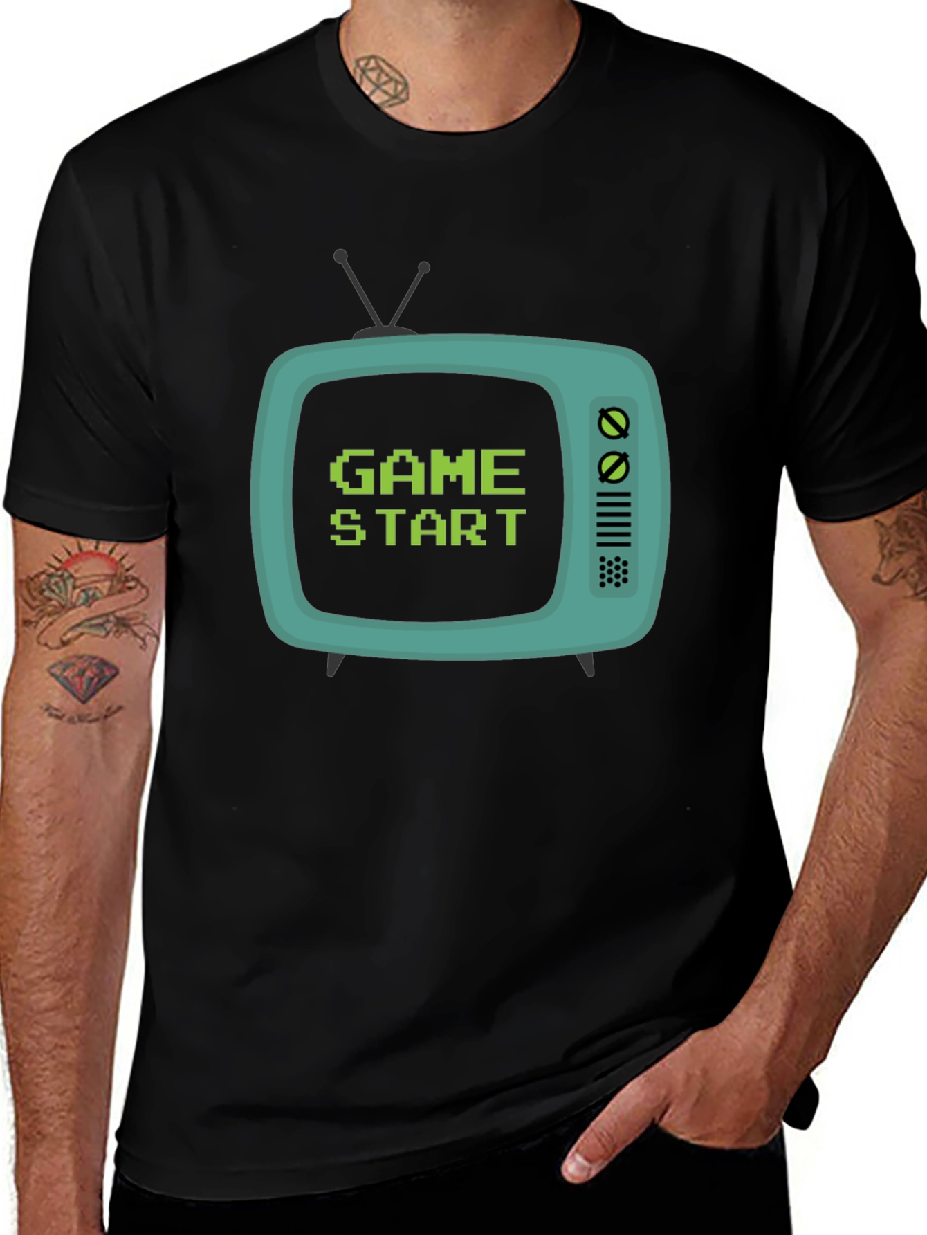 Retro Game Start Tee - Black Cotton Graphic T-Shirt