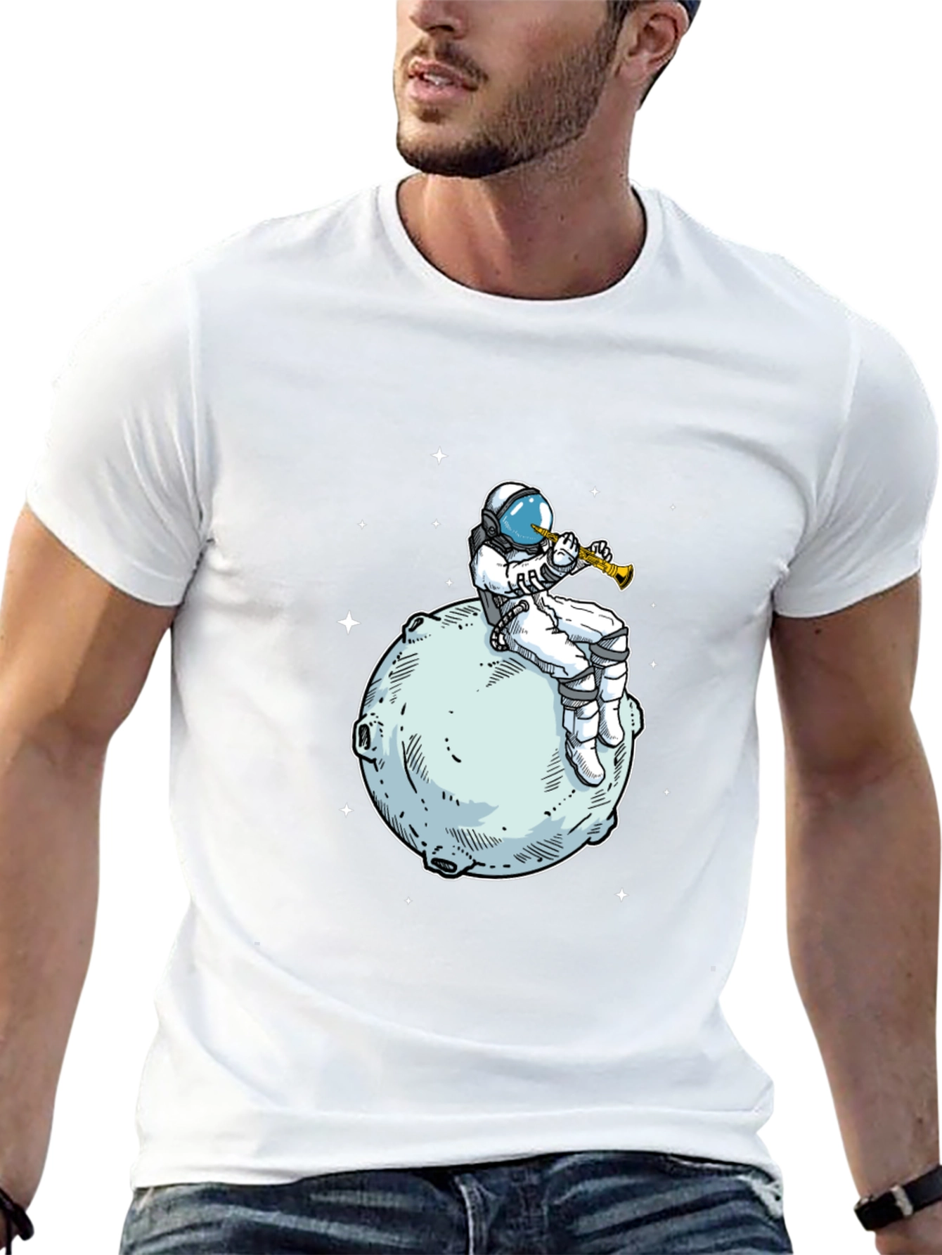 Astronaut Moon Trumpet Black T-Shirt