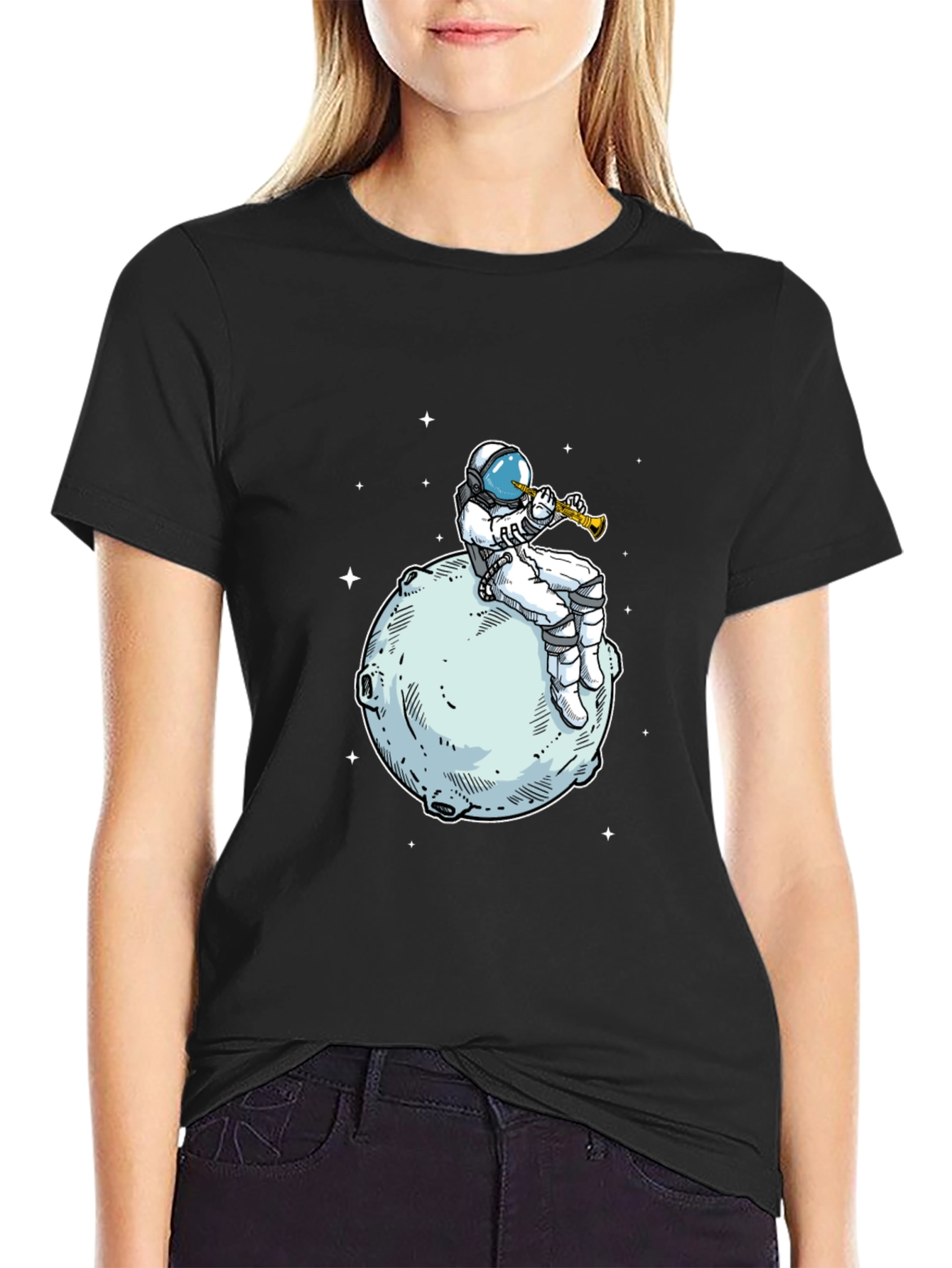 Astronaut Moon Trumpet Black T-Shirt