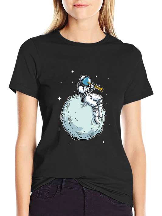 Astronaut Moon Trumpet Black T-Shirt