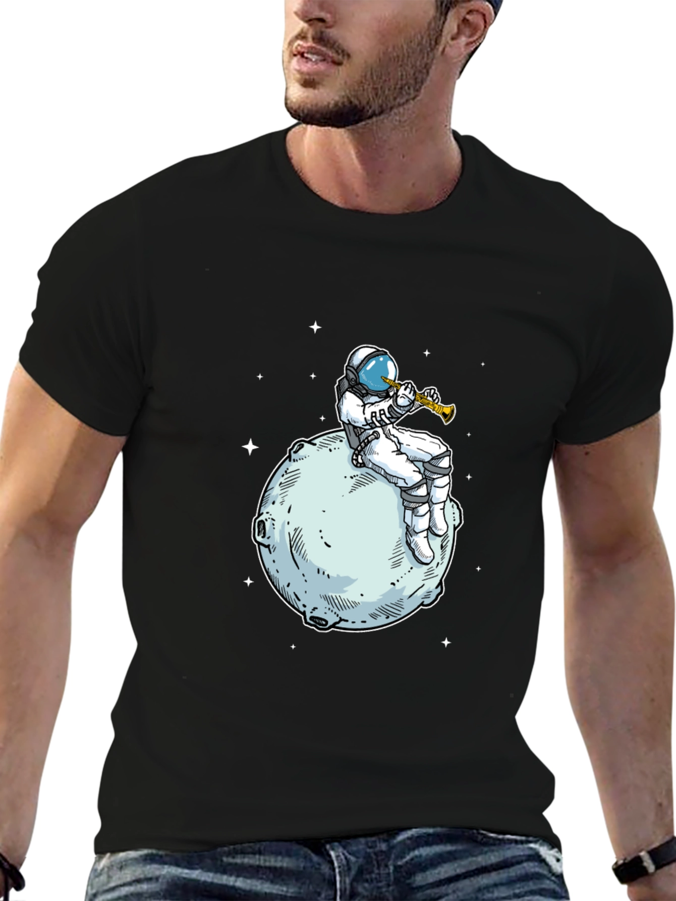 Astronaut Moon Trumpet Black T-Shirt