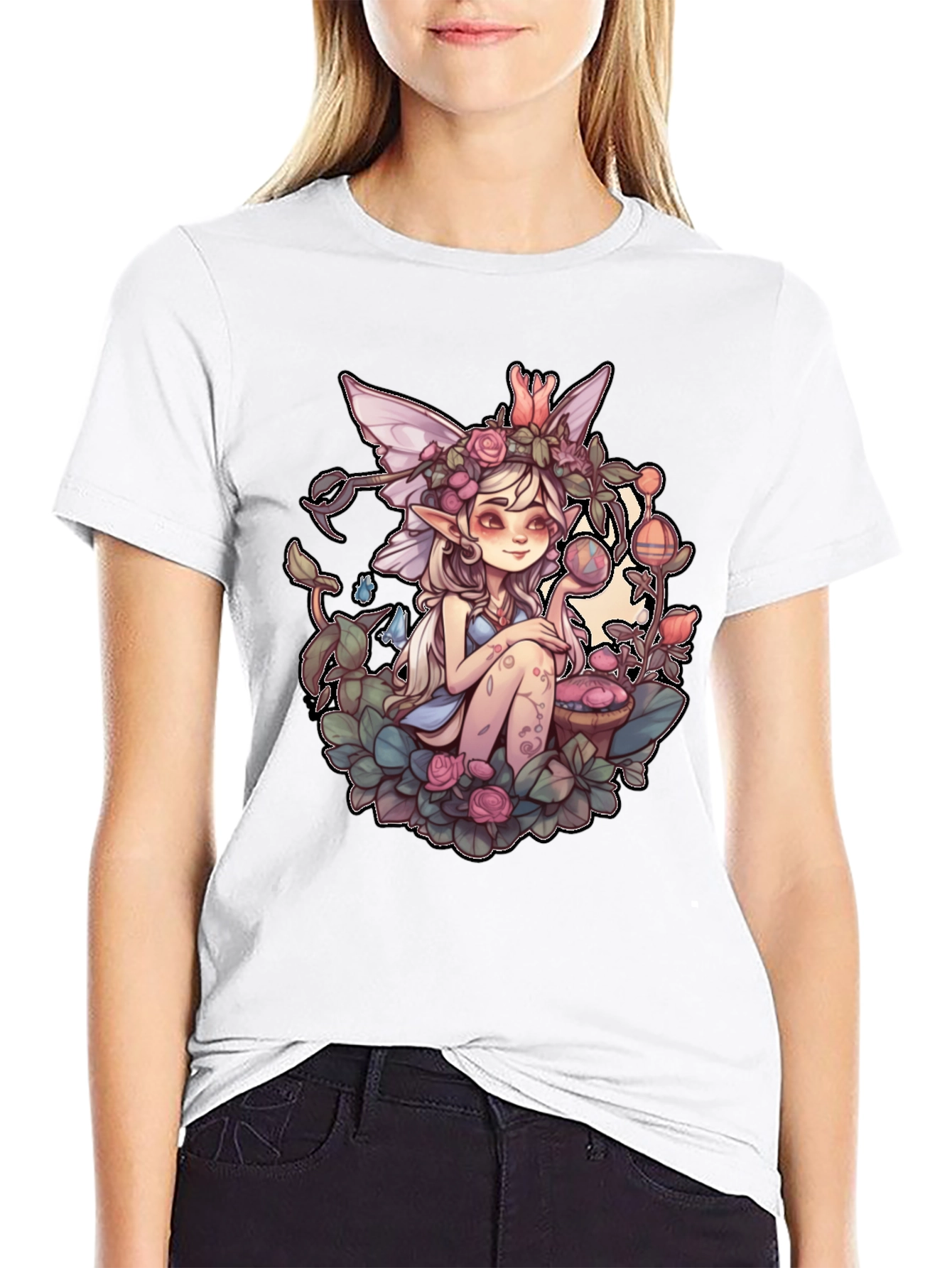 Whimsical Fairy Graphic Tee - Black