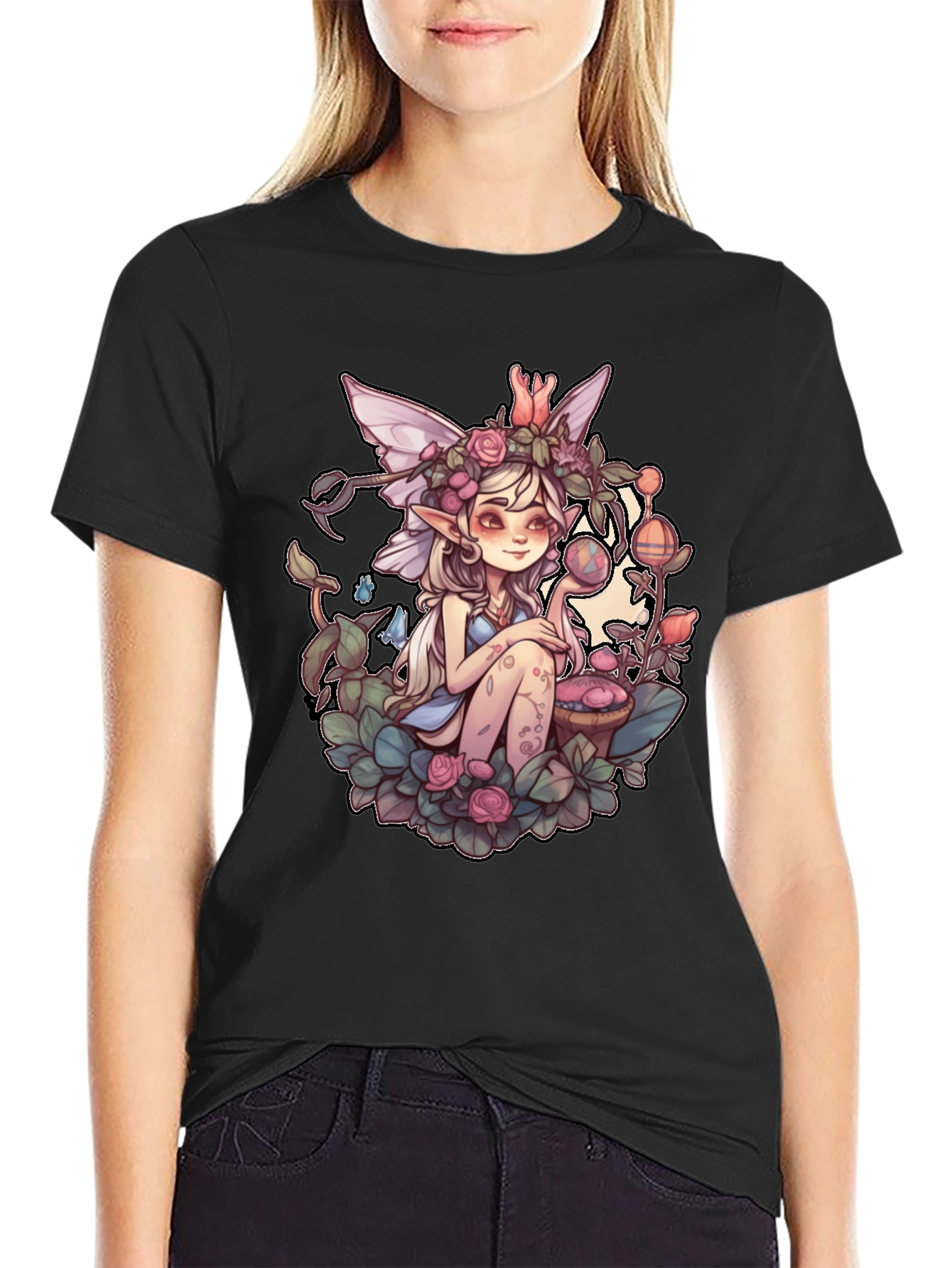 Whimsical Fairy Graphic Tee - Black
