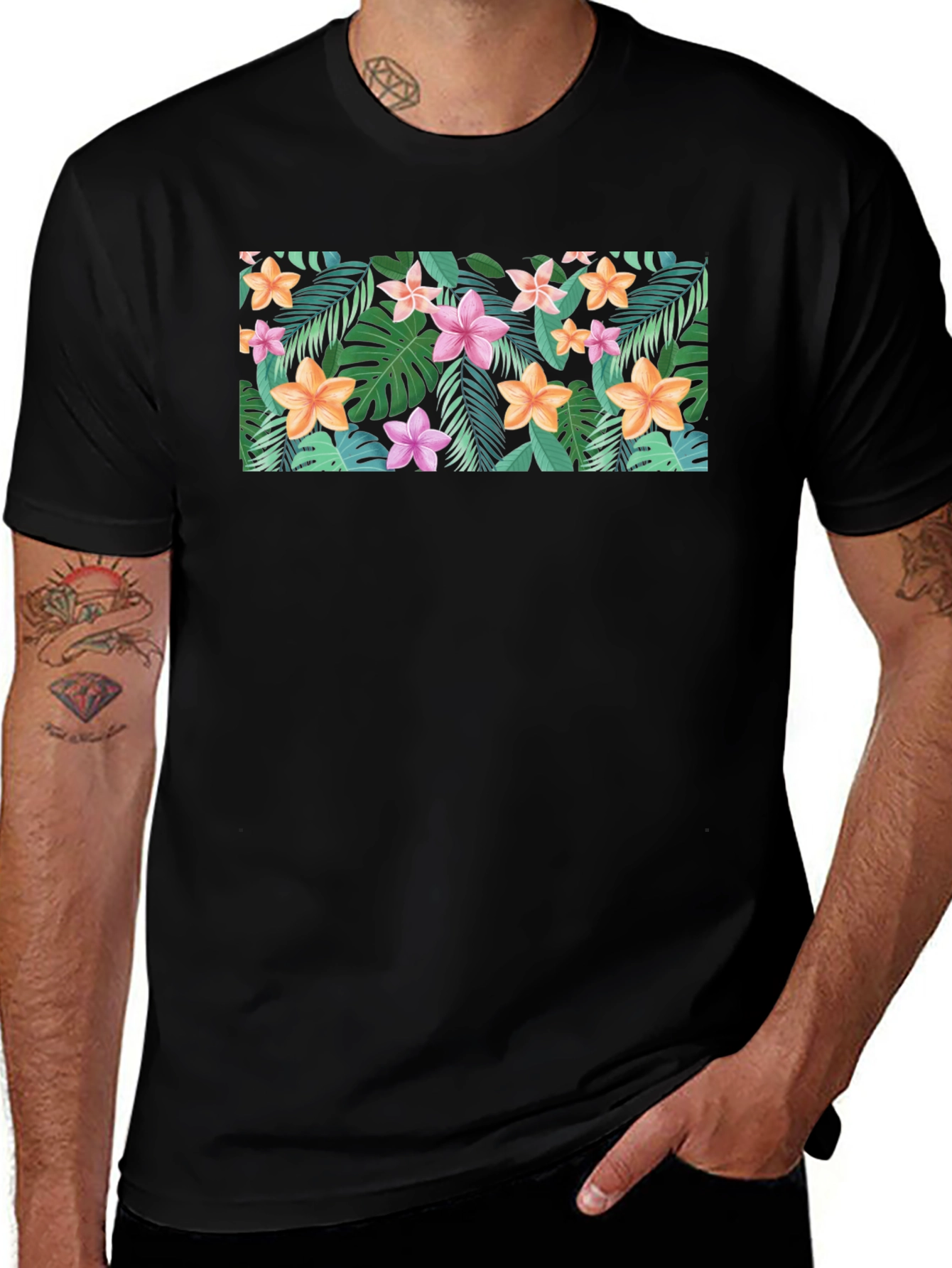 Tropical Floral Print Black T-Shirt