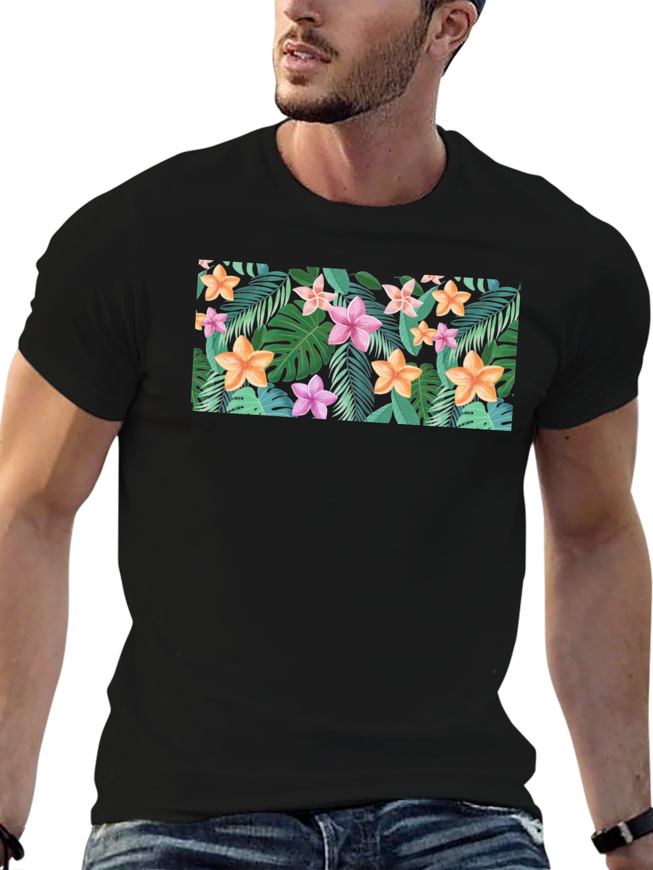 Tropical Floral Print Black T-Shirt
