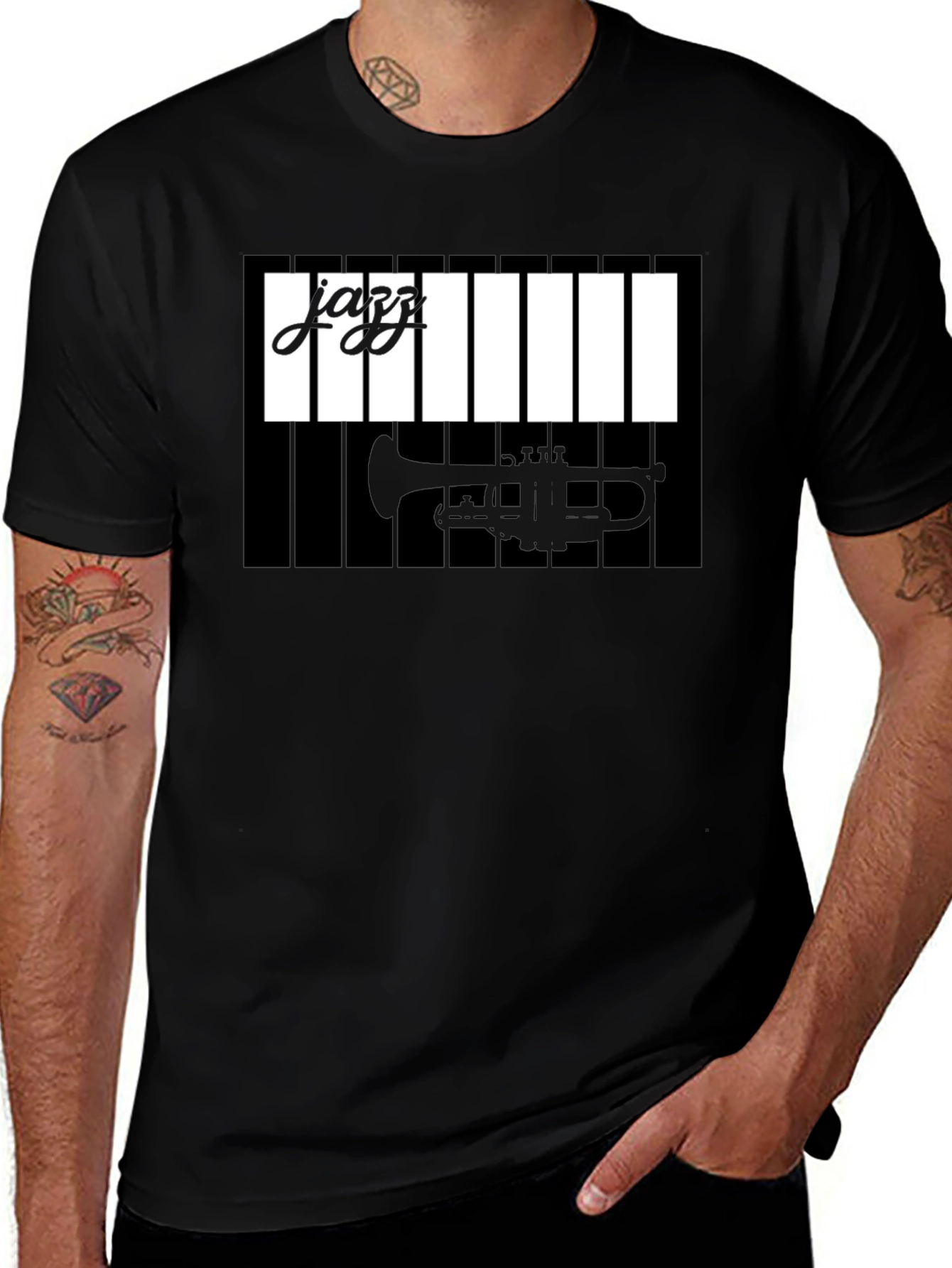 Jazz Music Graphic Tee: Trumpet & Piano Design
