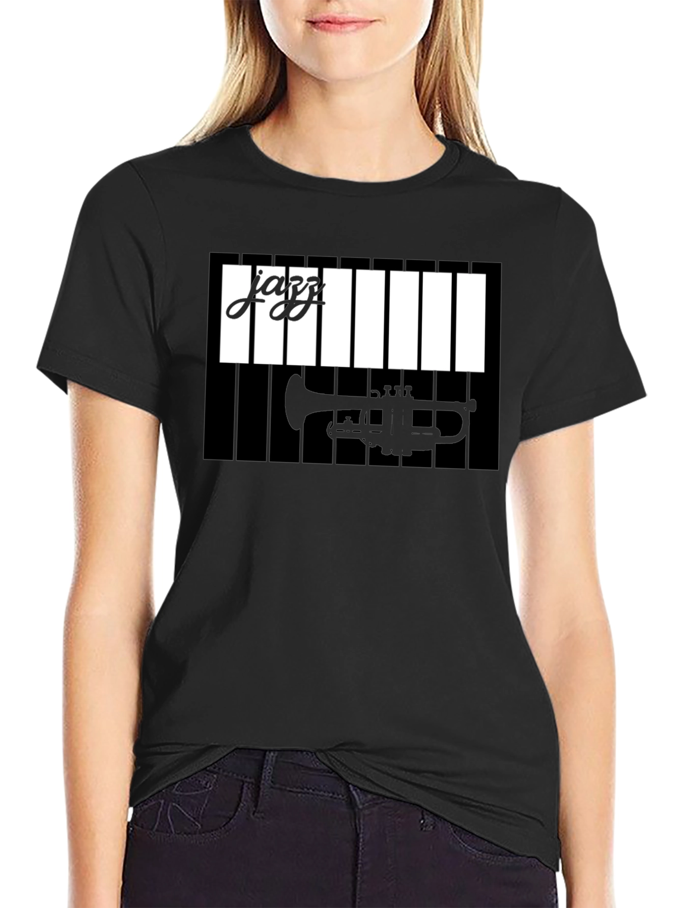 Jazz Music Graphic Tee: Trumpet & Piano Design