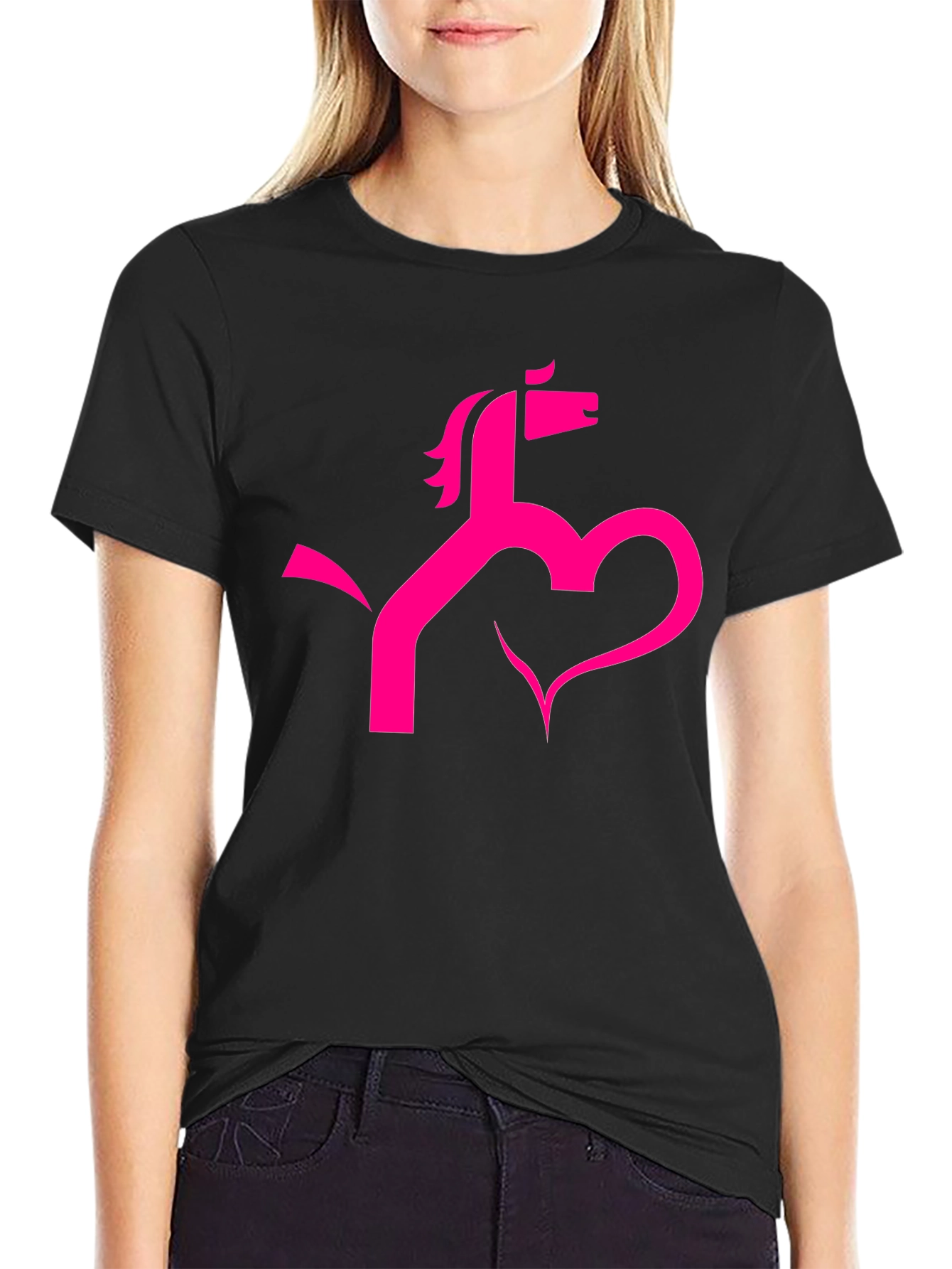 Stylish Black Tee with Horse & Heart Graphic