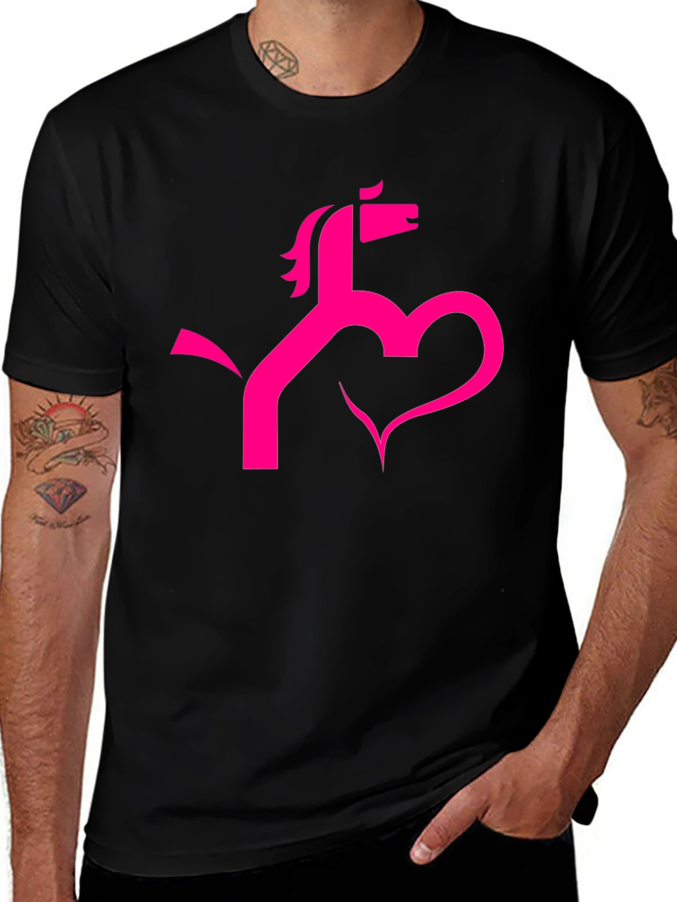 Stylish Black Tee with Horse & Heart Graphic