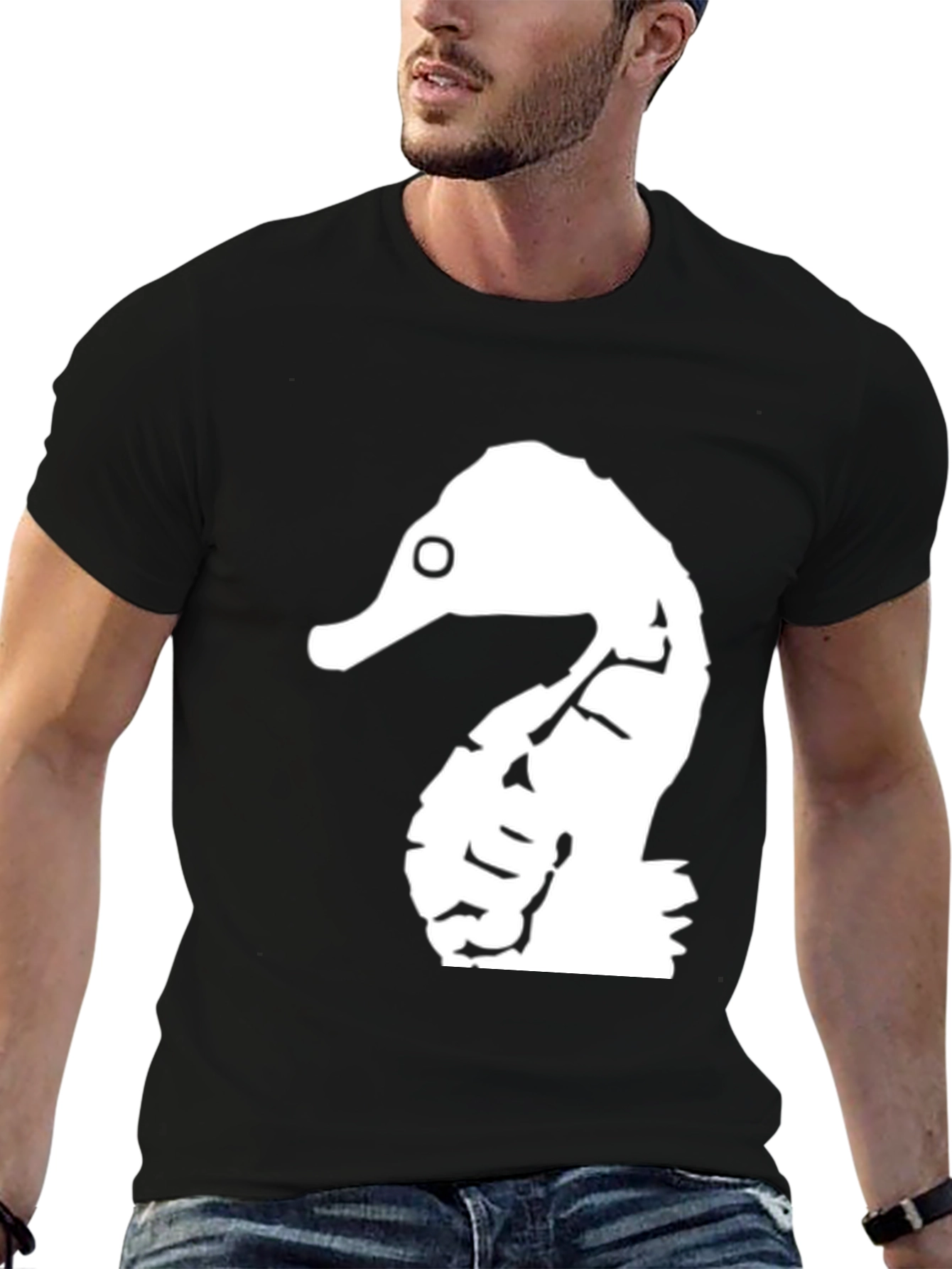 Unique Seahorse Graphic Print Black T-Shirt