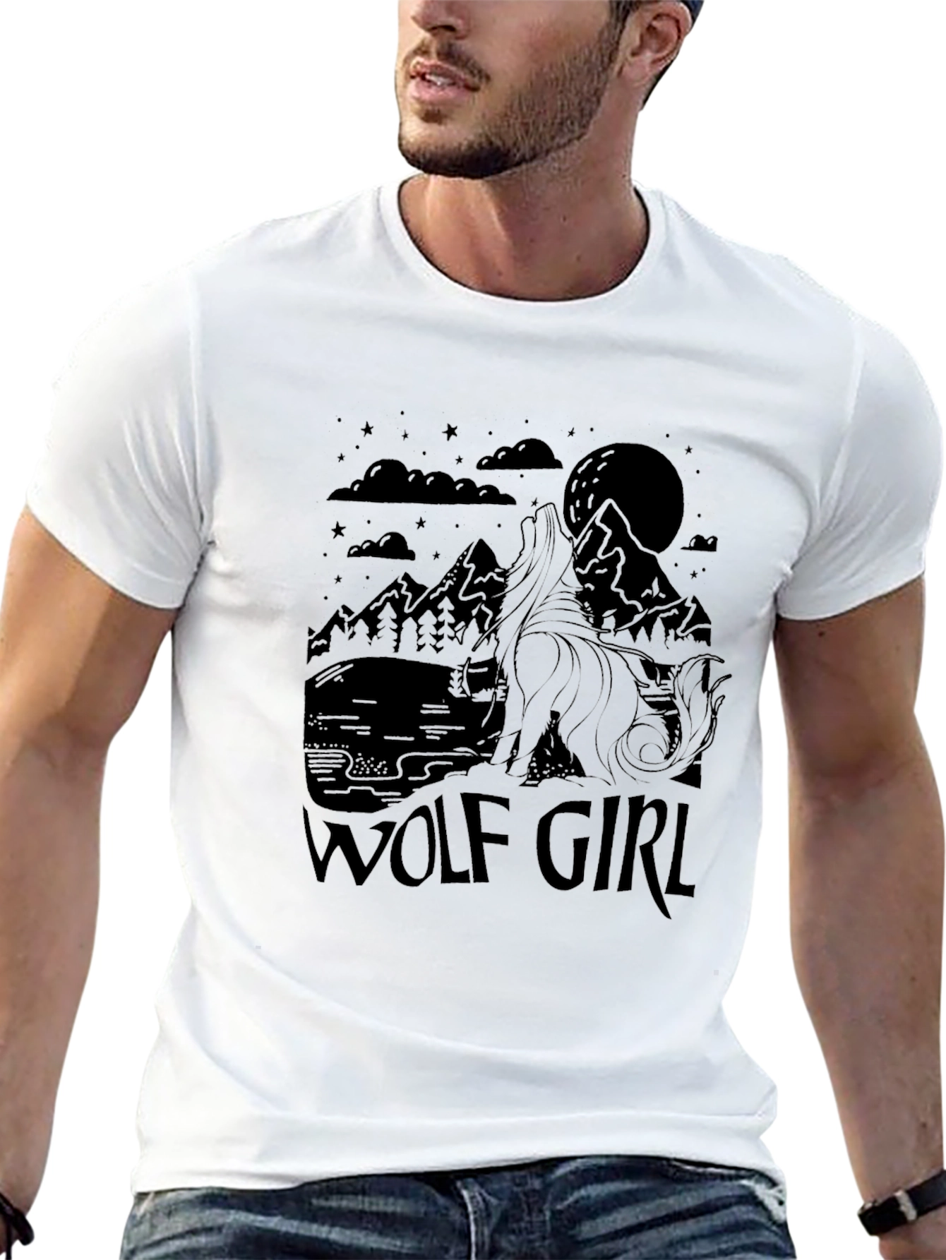 Wolf Girl Graphic Tee - Black Crew Neck Shirt