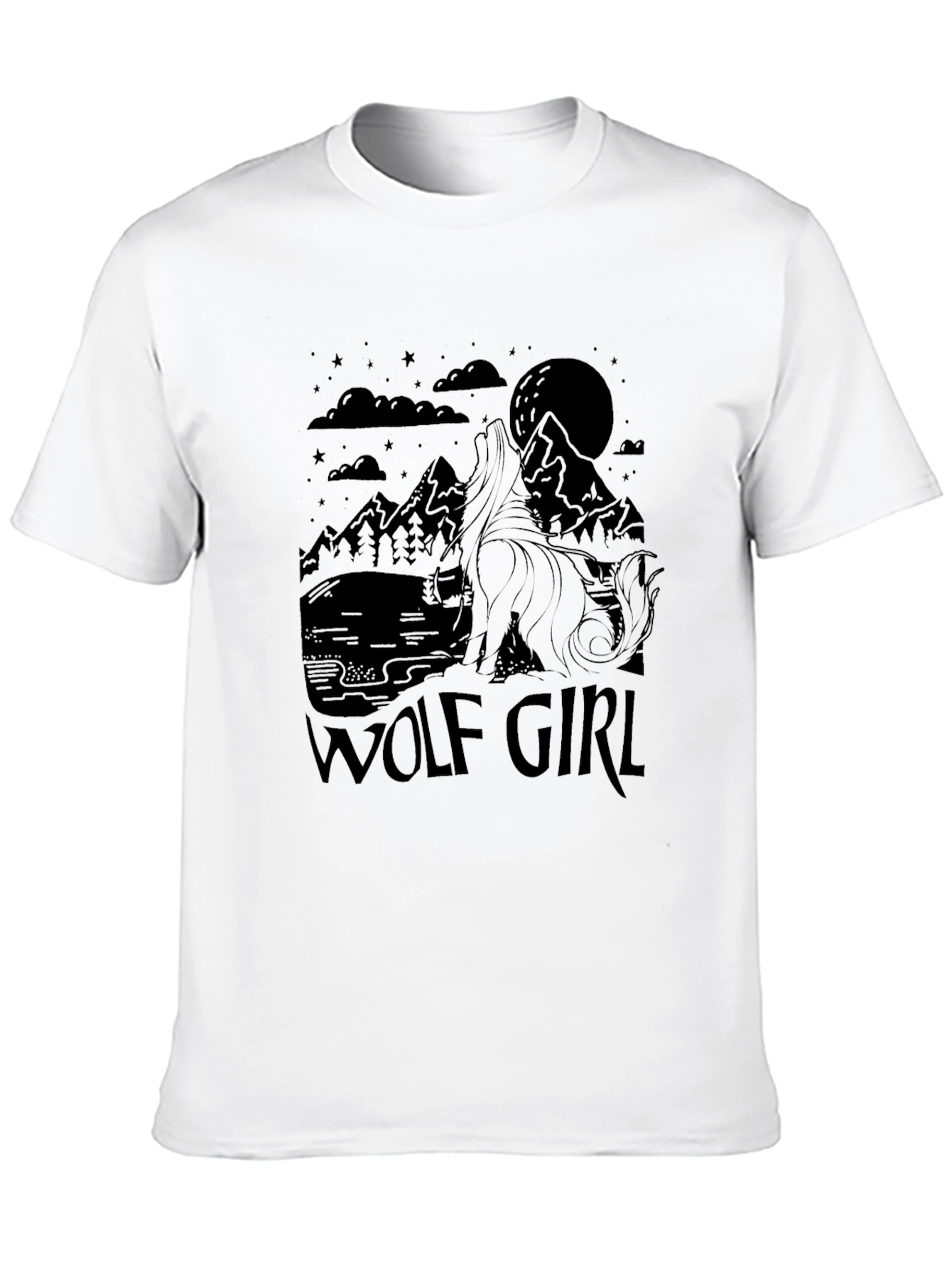 Wolf Girl Graphic Tee - Black Crew Neck Shirt