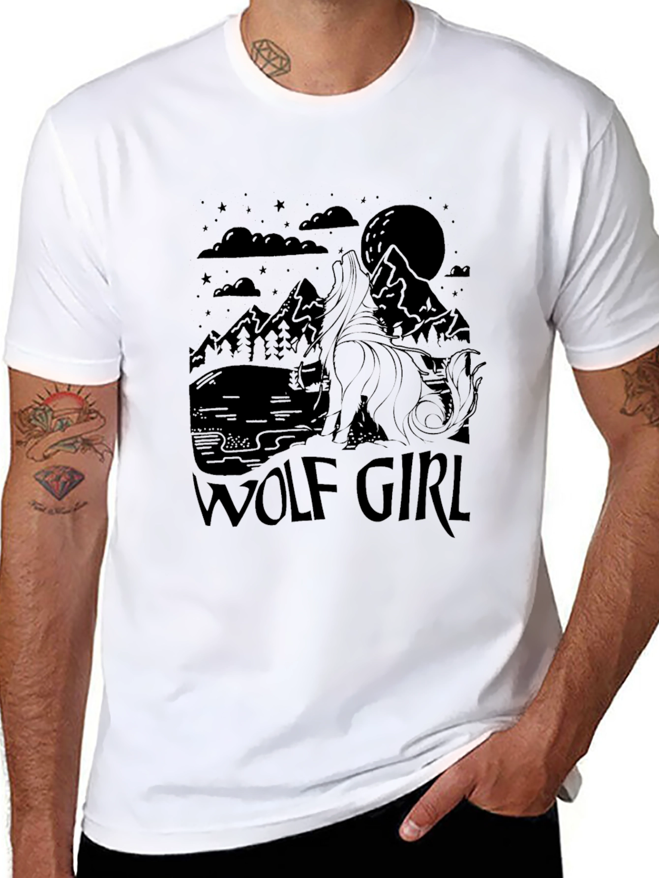 Wolf Girl Graphic Tee - Black Crew Neck Shirt