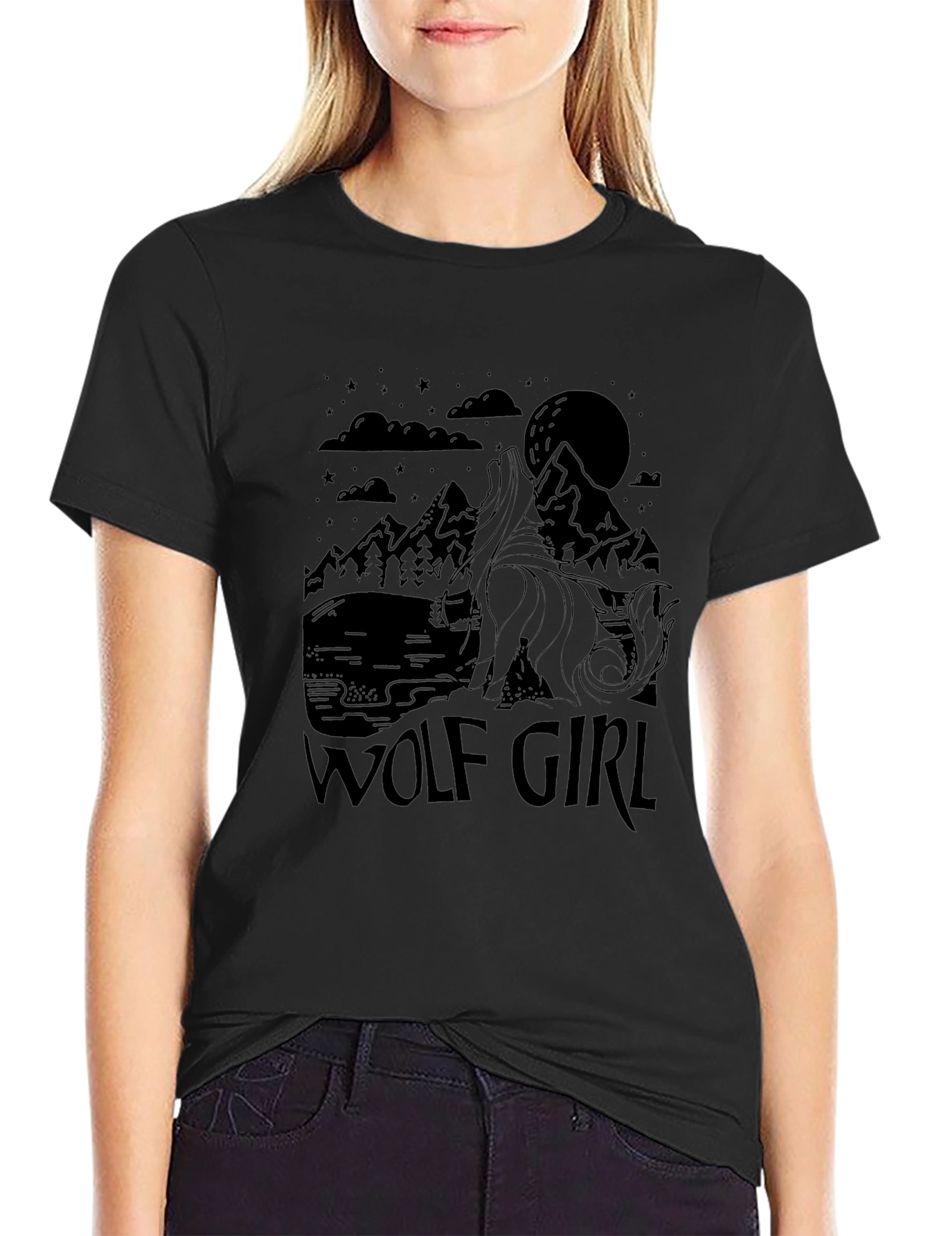 Wolf Girl Graphic Tee - Black Crew Neck Shirt