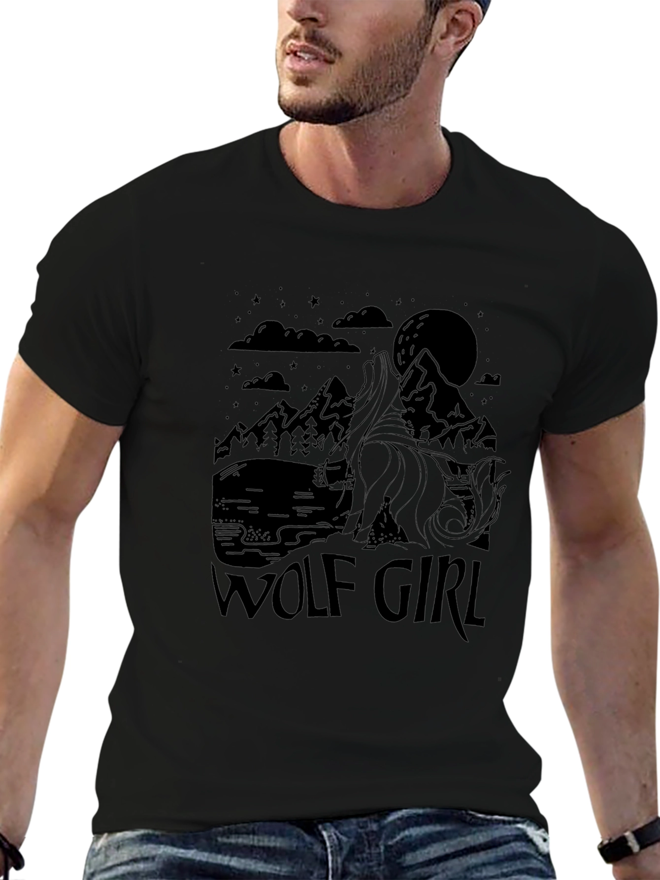 Wolf Girl Graphic Tee - Black Crew Neck Shirt